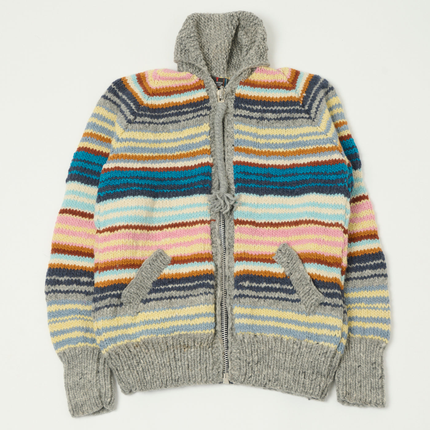 Chamula Zip Through Cardigan 'Multi Stripe' - Pearl Grey/Multi