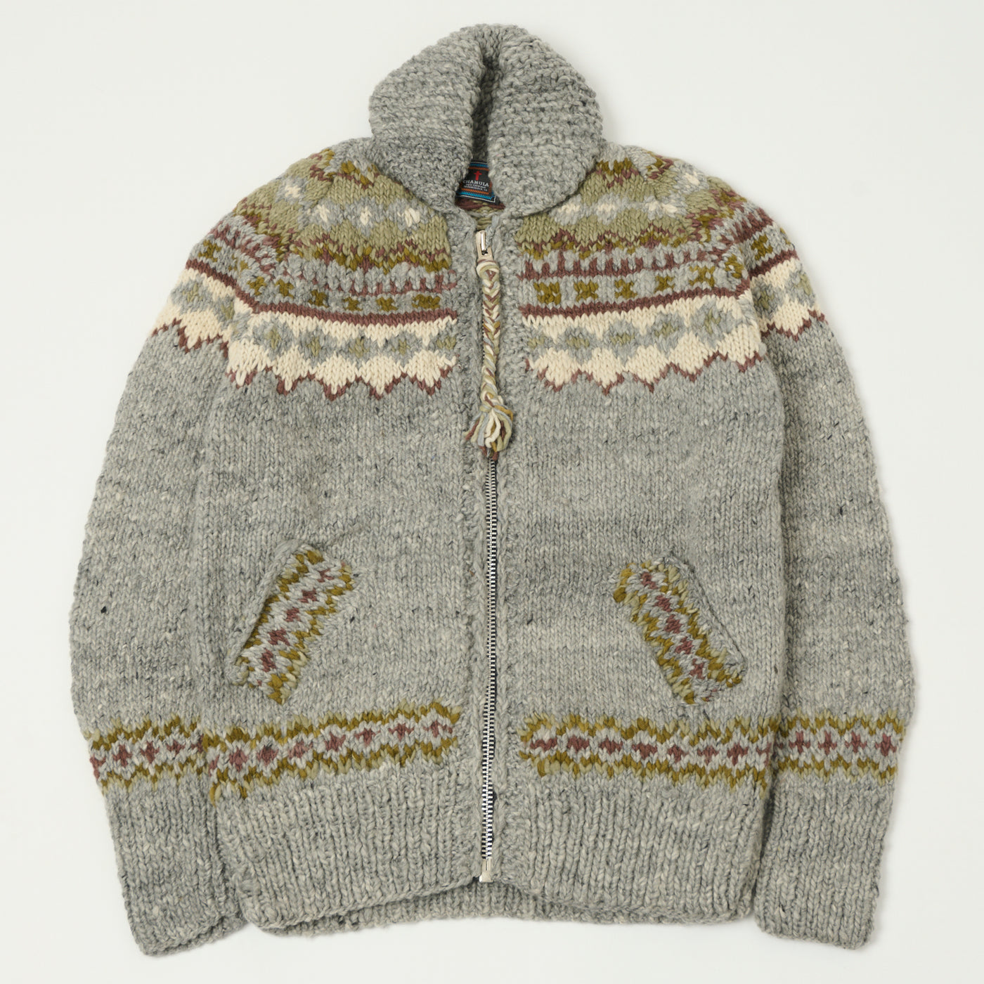 Chamula Zip Through Cardigan 'Fairisle #3'  - Pearl Grey