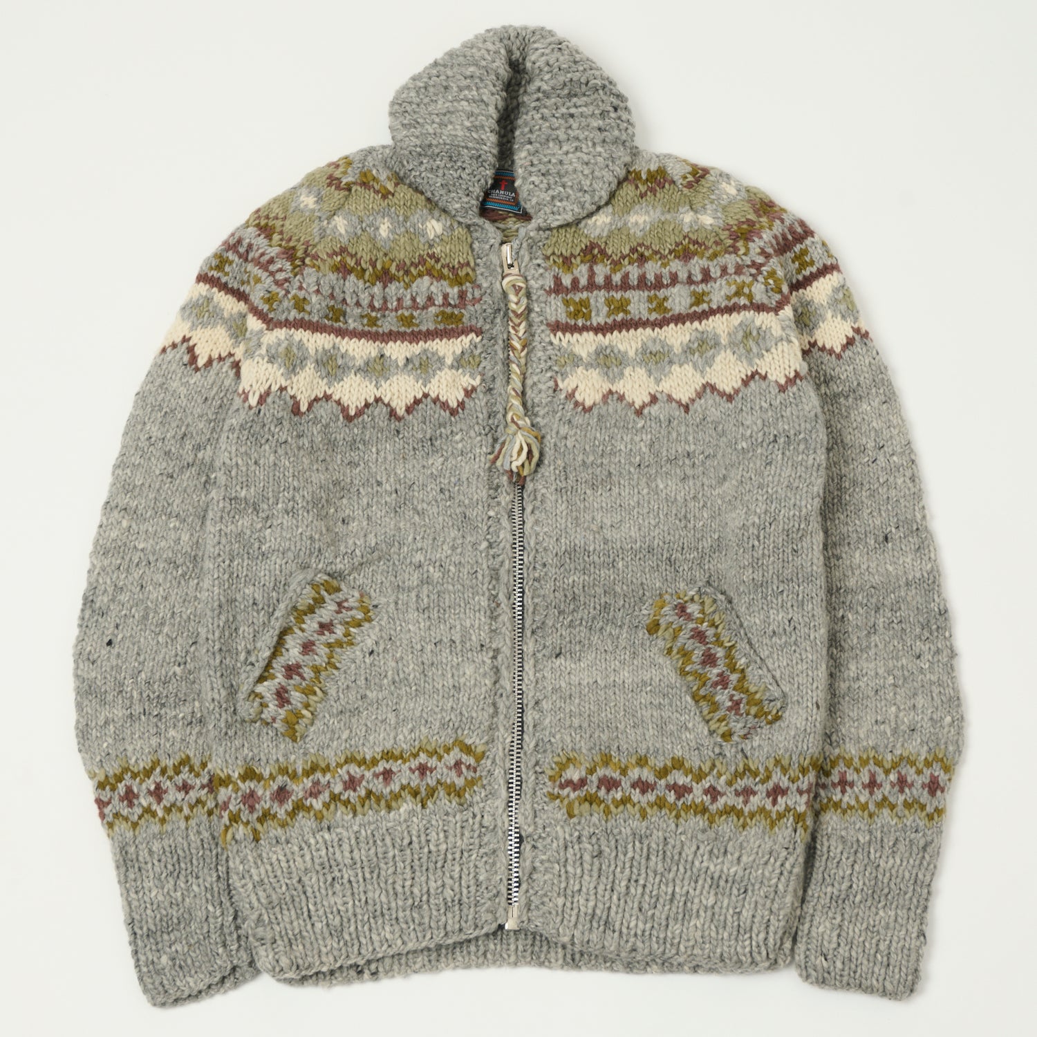 Chamula Zip Through Cardigan 'Fairisle #3'  - Pearl Grey