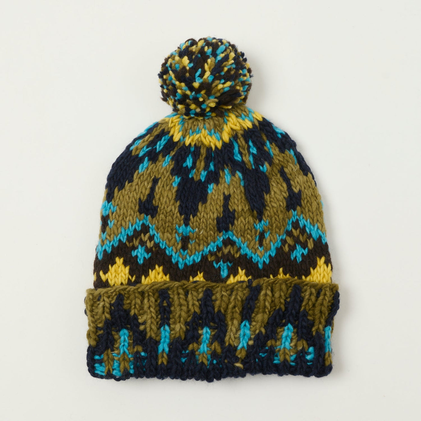Chamula Double Cuff Beanie 'Fair Isle #3' - Olive/Navy