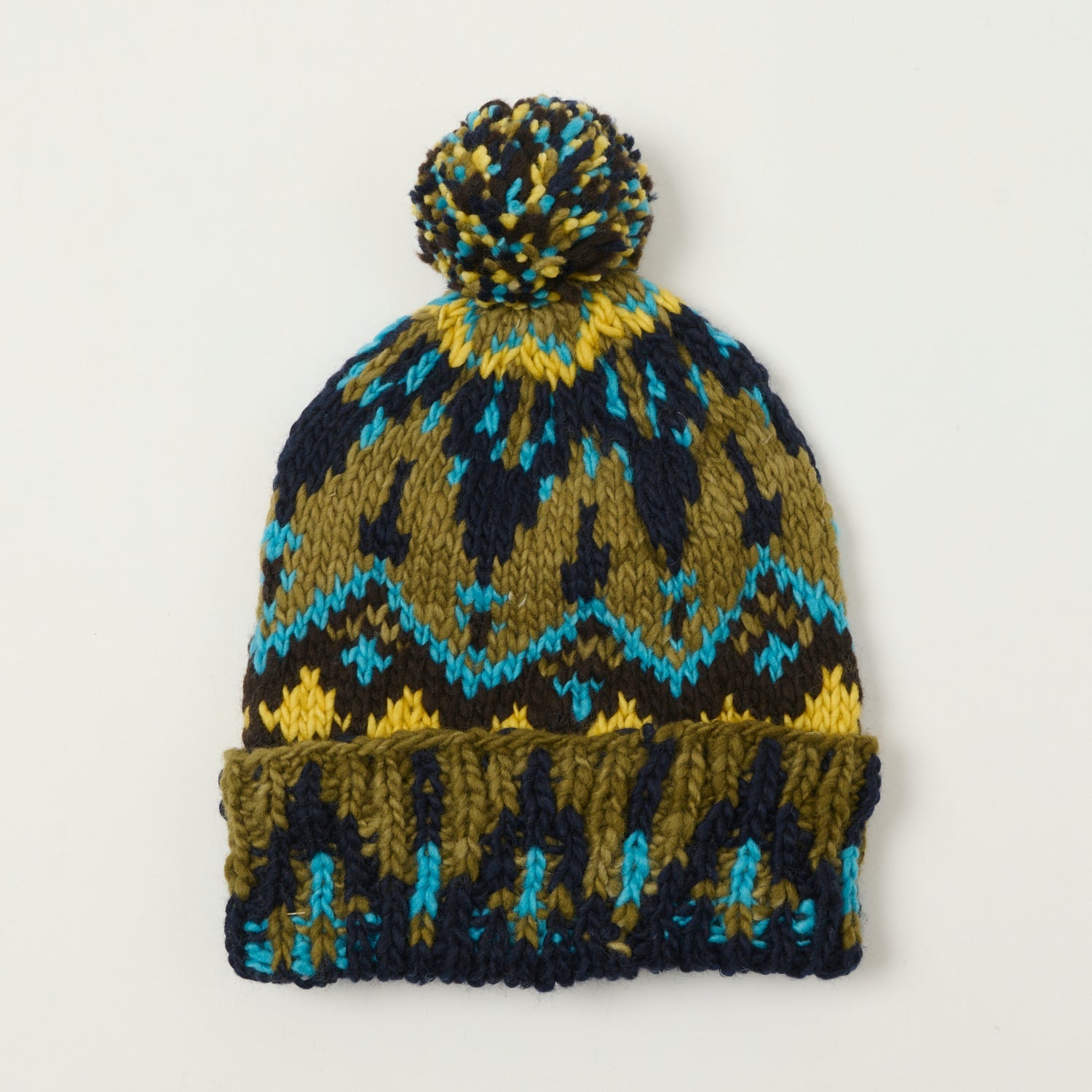 Chamula Double Cuff Beanie 'Fair Isle #3' - Olive/Navy