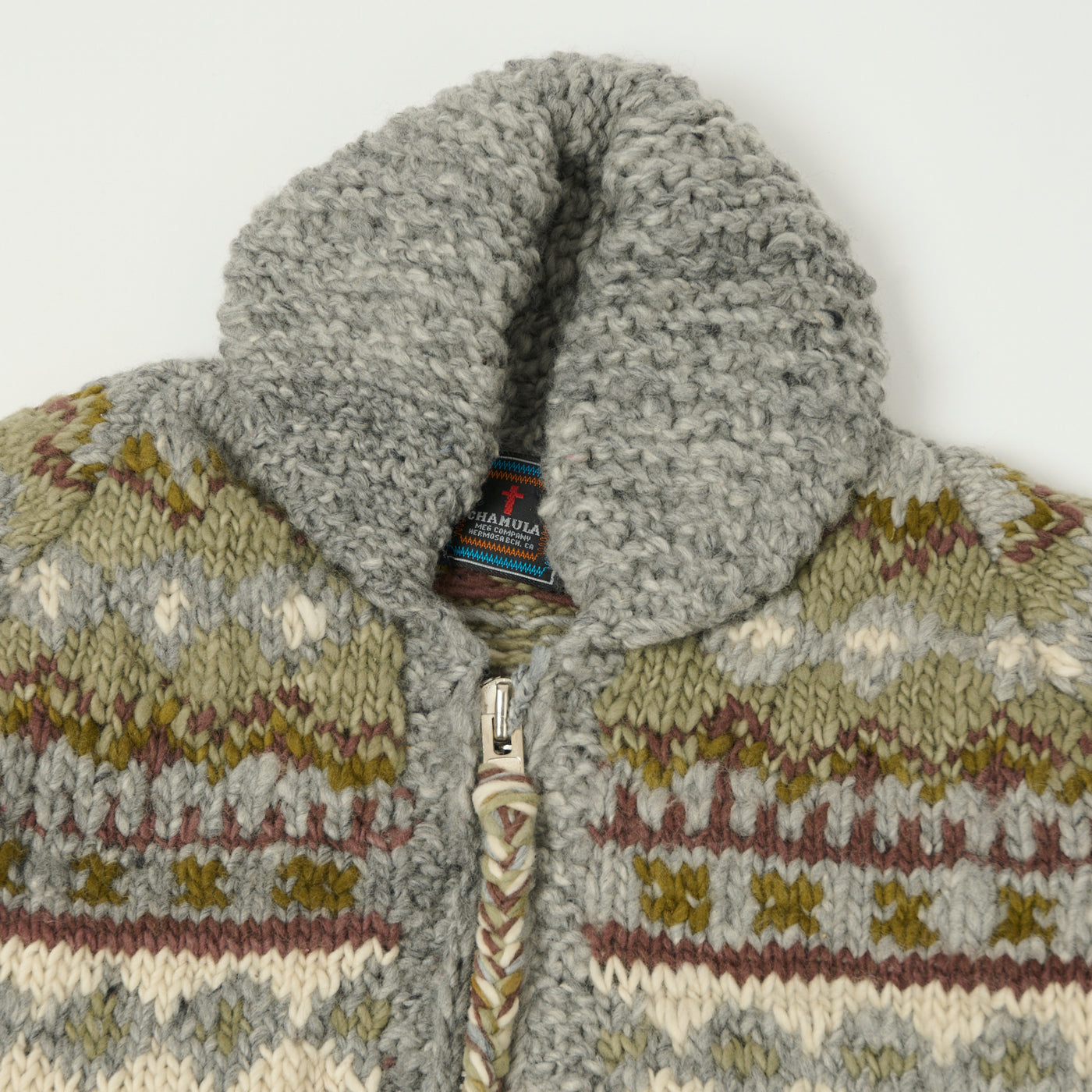 Chamula Zip Through Cardigan 'Fairisle #3'  - Pearl Grey