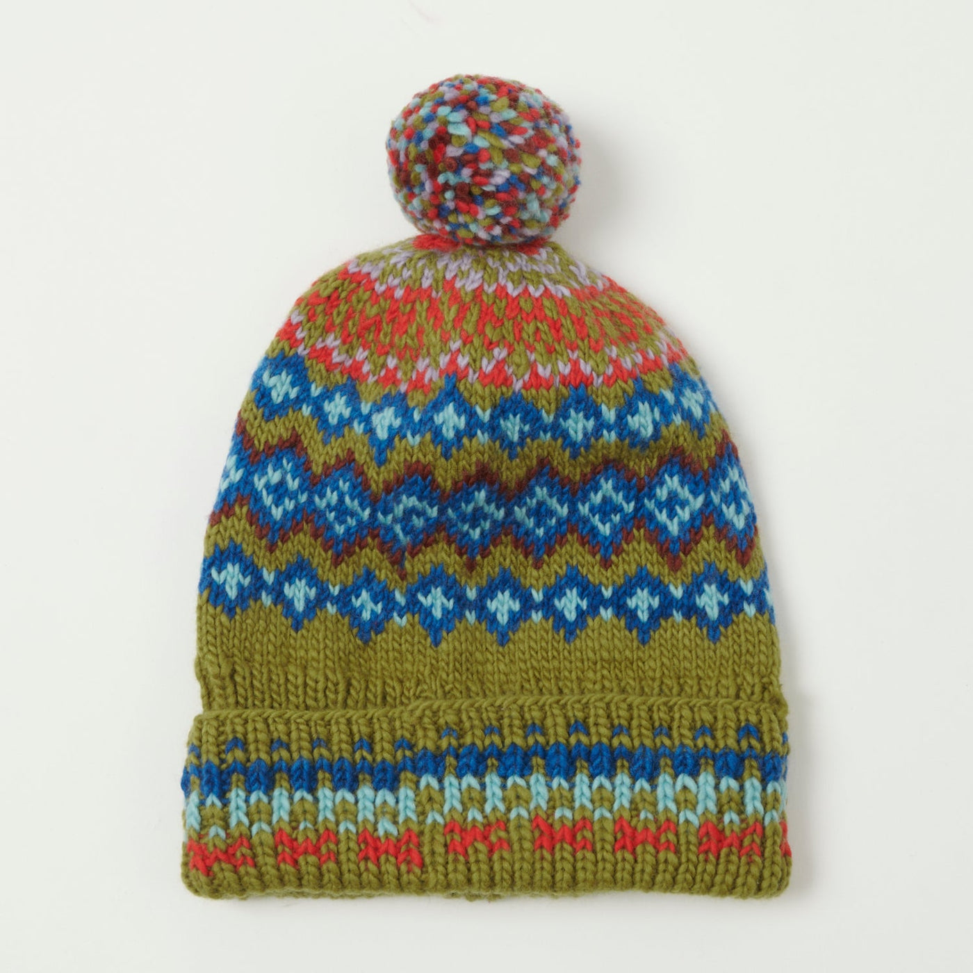 Chamula Double Cuff Beanie 'Fair Isle #8' - Seaweed
