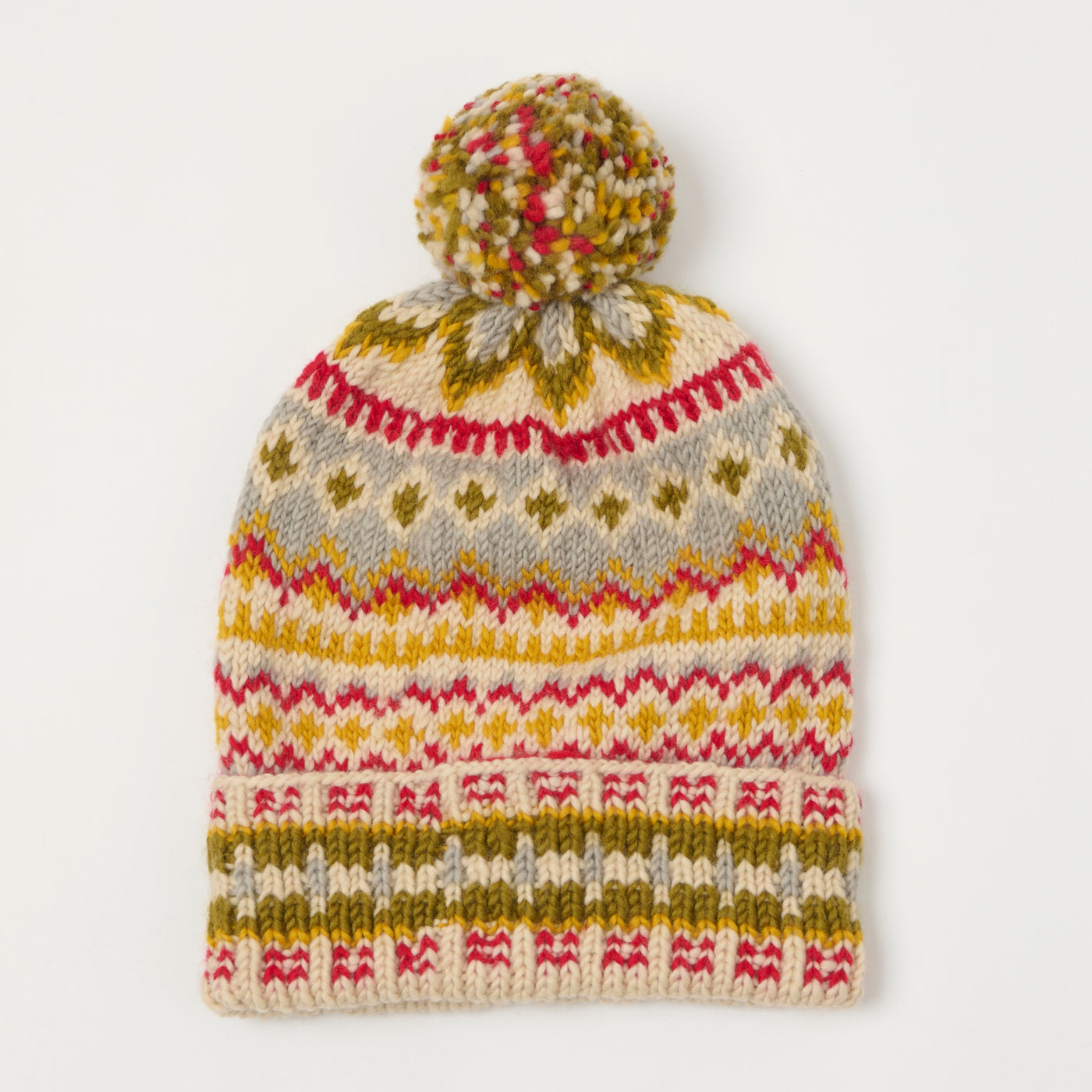 Chamula Double Cuff Beanie 'Fair Isle #3' - Tan