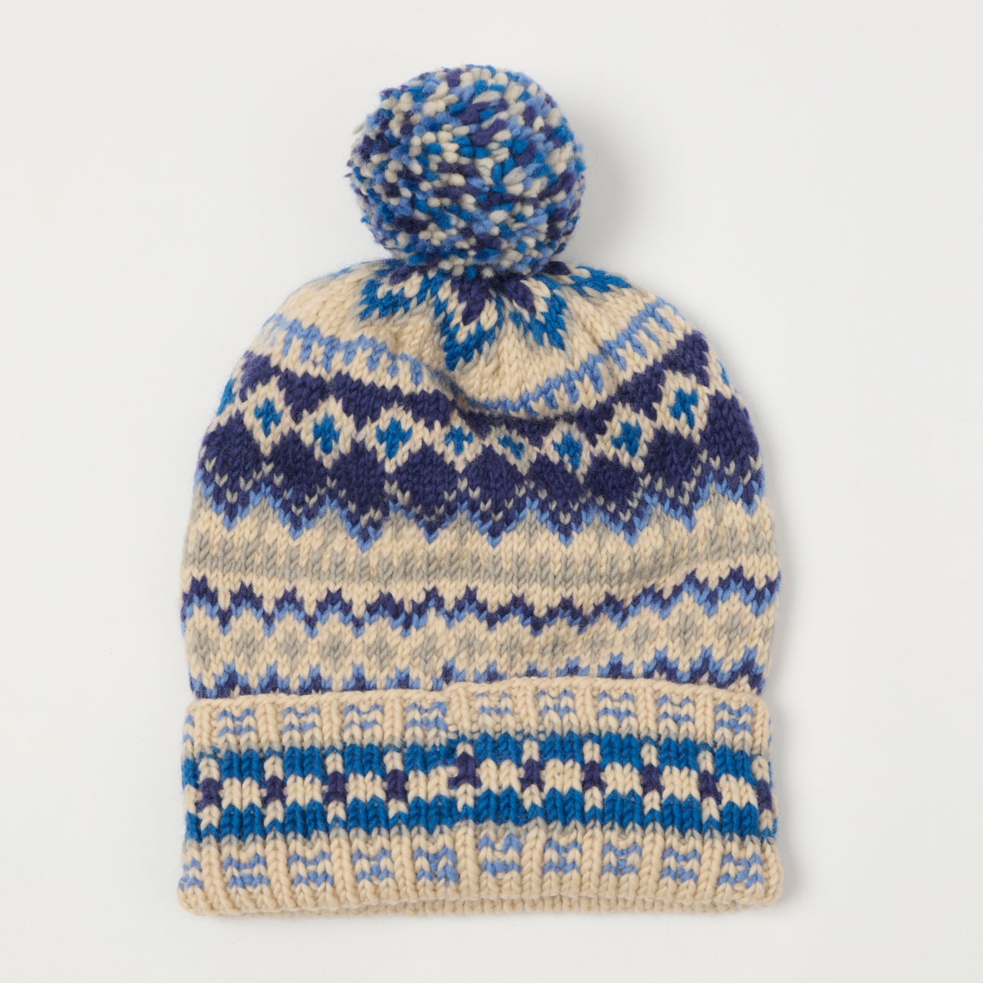 Chamula Double Cuff Beanie 'Fair Isle #3' - Blue/Beige