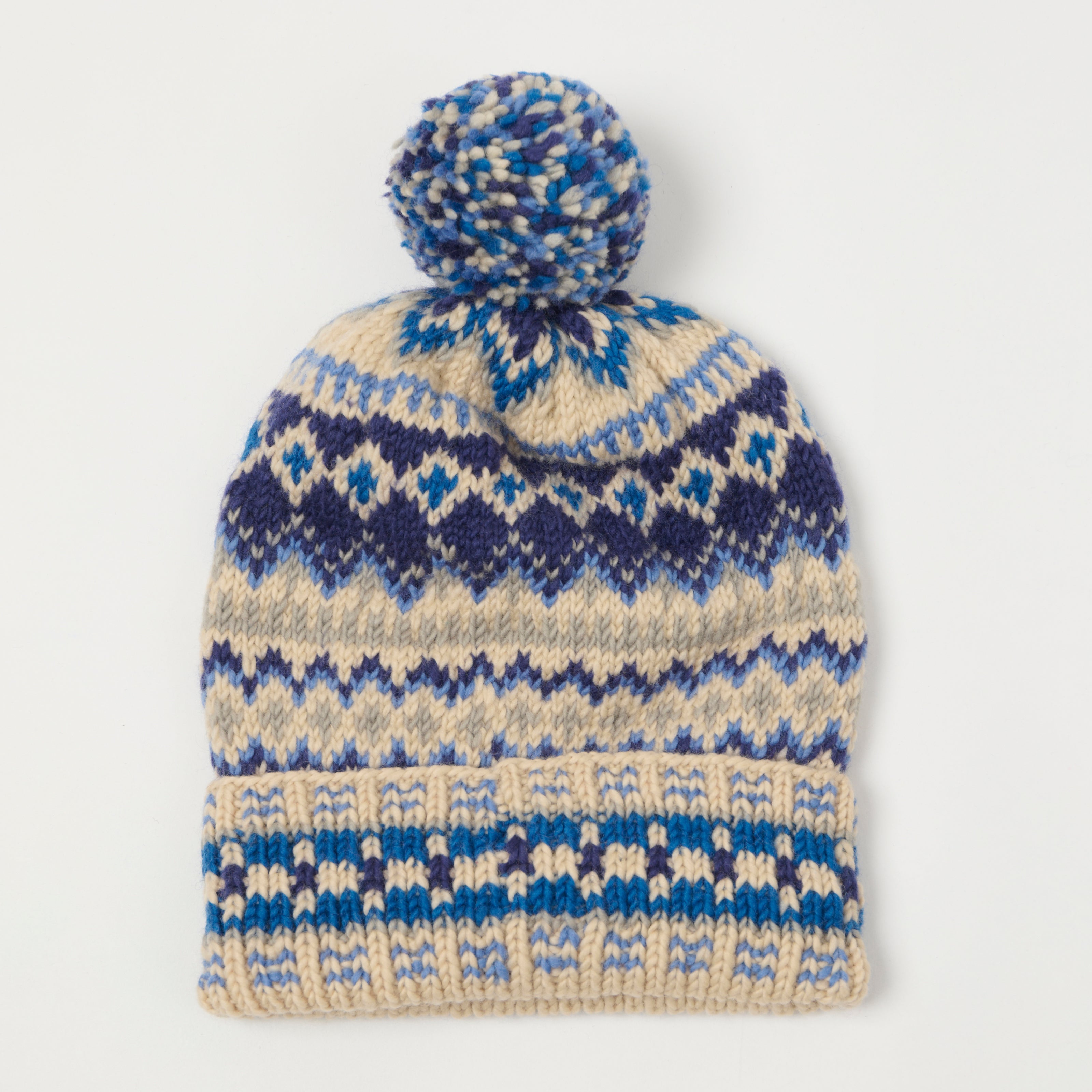 Chamula Double Cuff Beanie 'Fair Isle #3' - Blue/Beige