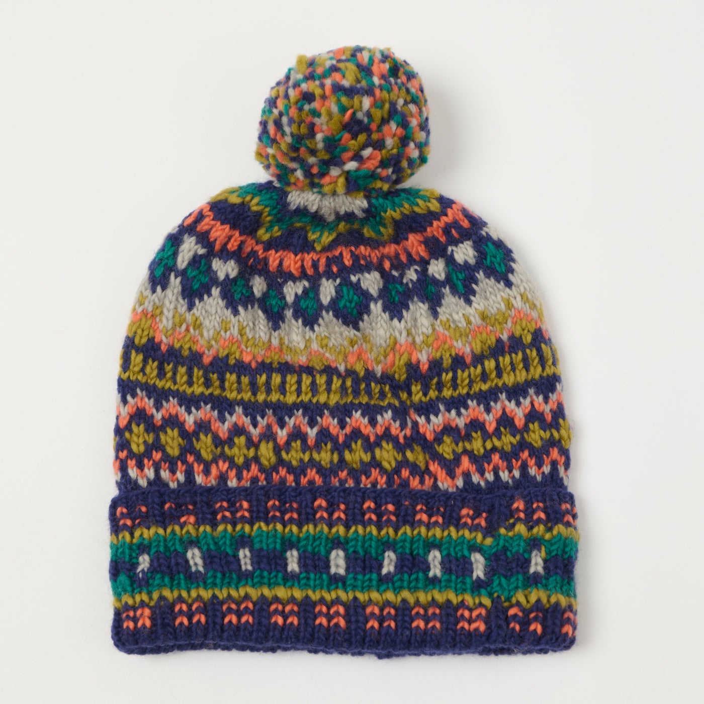 Chamula Double Cuff Beanie 'Fair Isle #3' - Navy/Multi