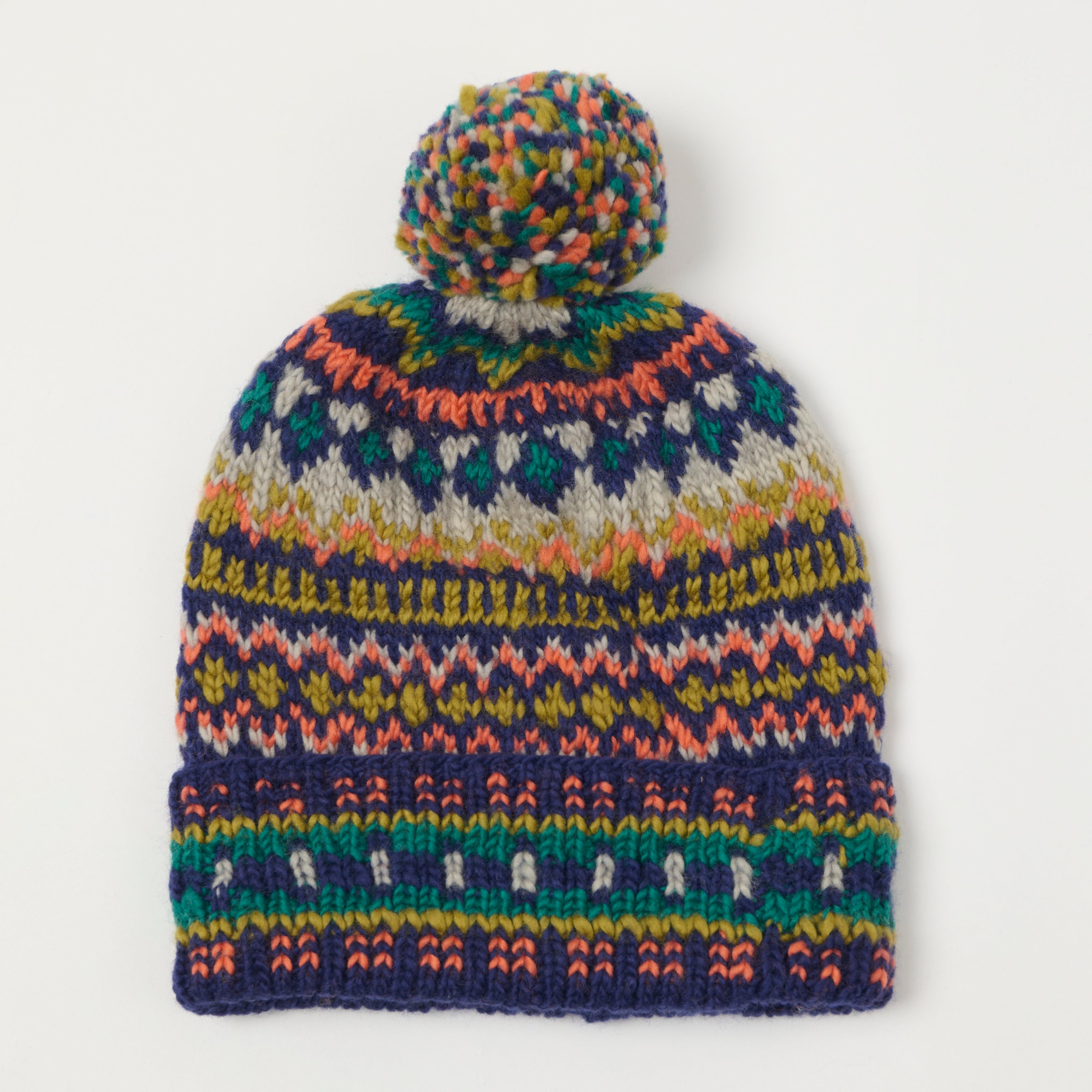 Chamula Double Cuff Beanie 'Fair Isle #3' - Navy/Multi