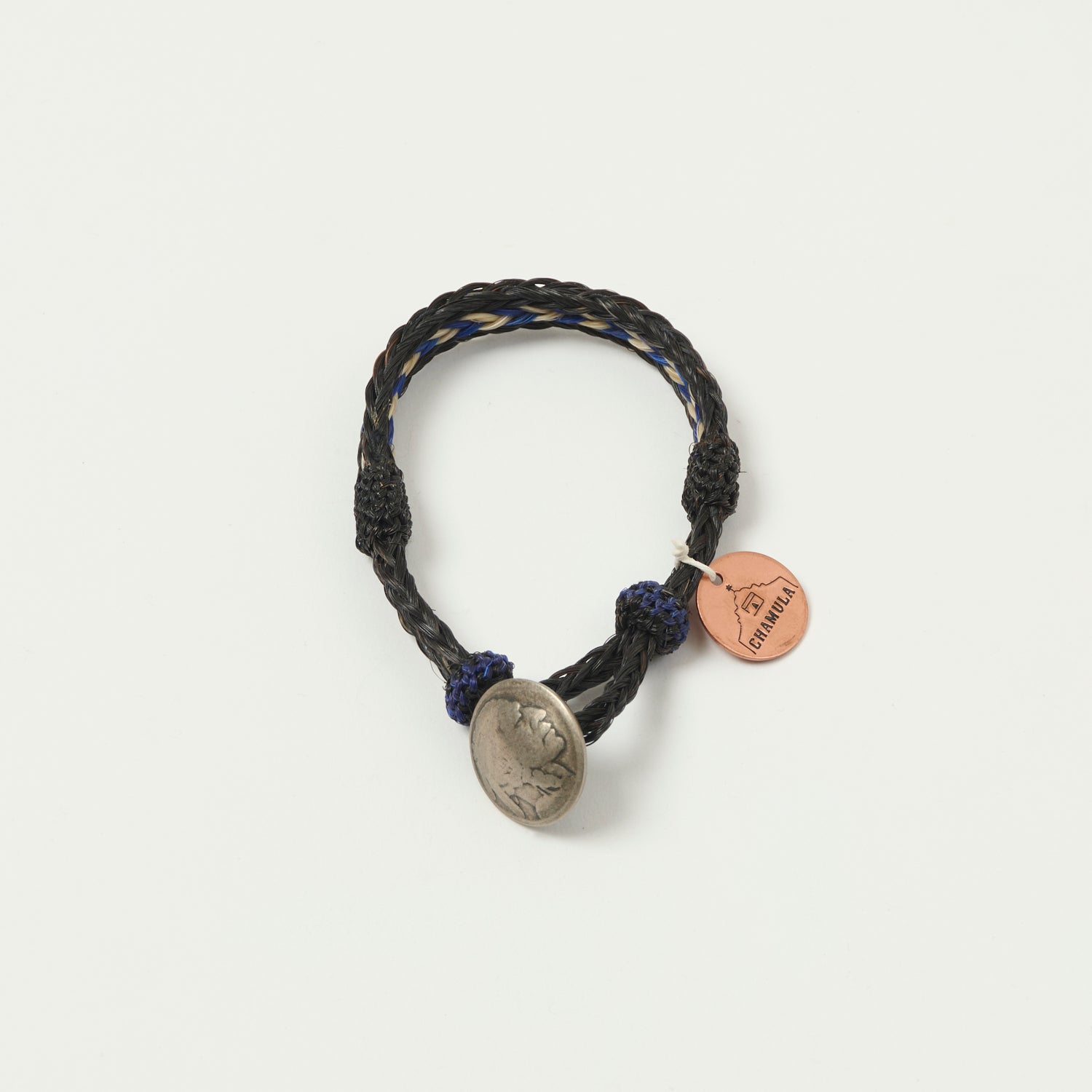 Chamula Horsehair Concho Bracelet - Black/White/Blue