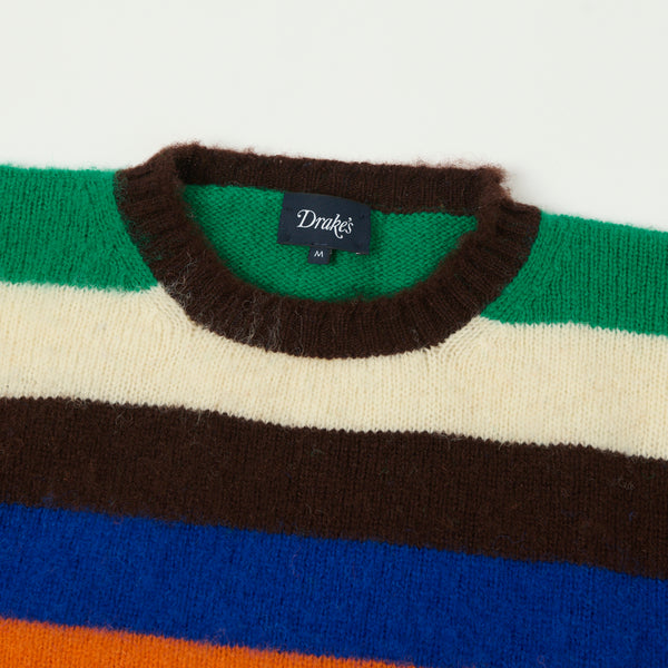 Drake's Striped Brushed Shetland Crew - Brown/Blue/Orange