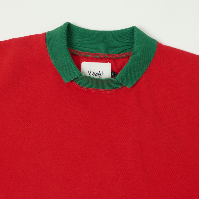 Drake's Half Block L/S Mock Neck Rugby Shirt - Red/Blue/Green