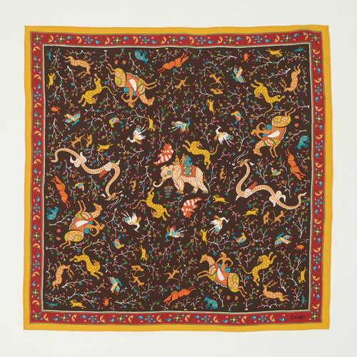 Drake's Floral 'Animals and Flowers' Silk Bandnana - Brown