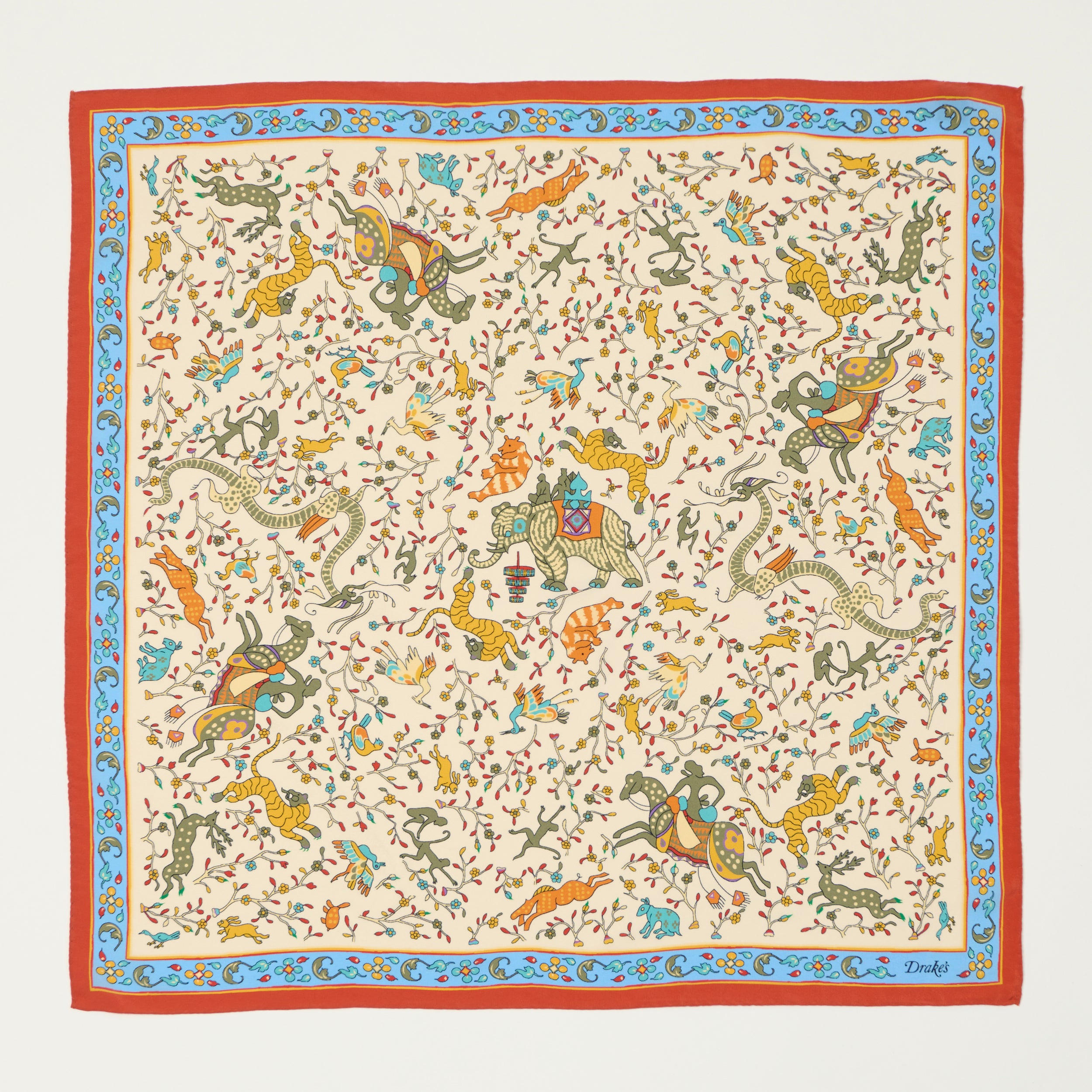 Drake's Floral 'Animals and Flowers' Silk Bandnana - Ecru