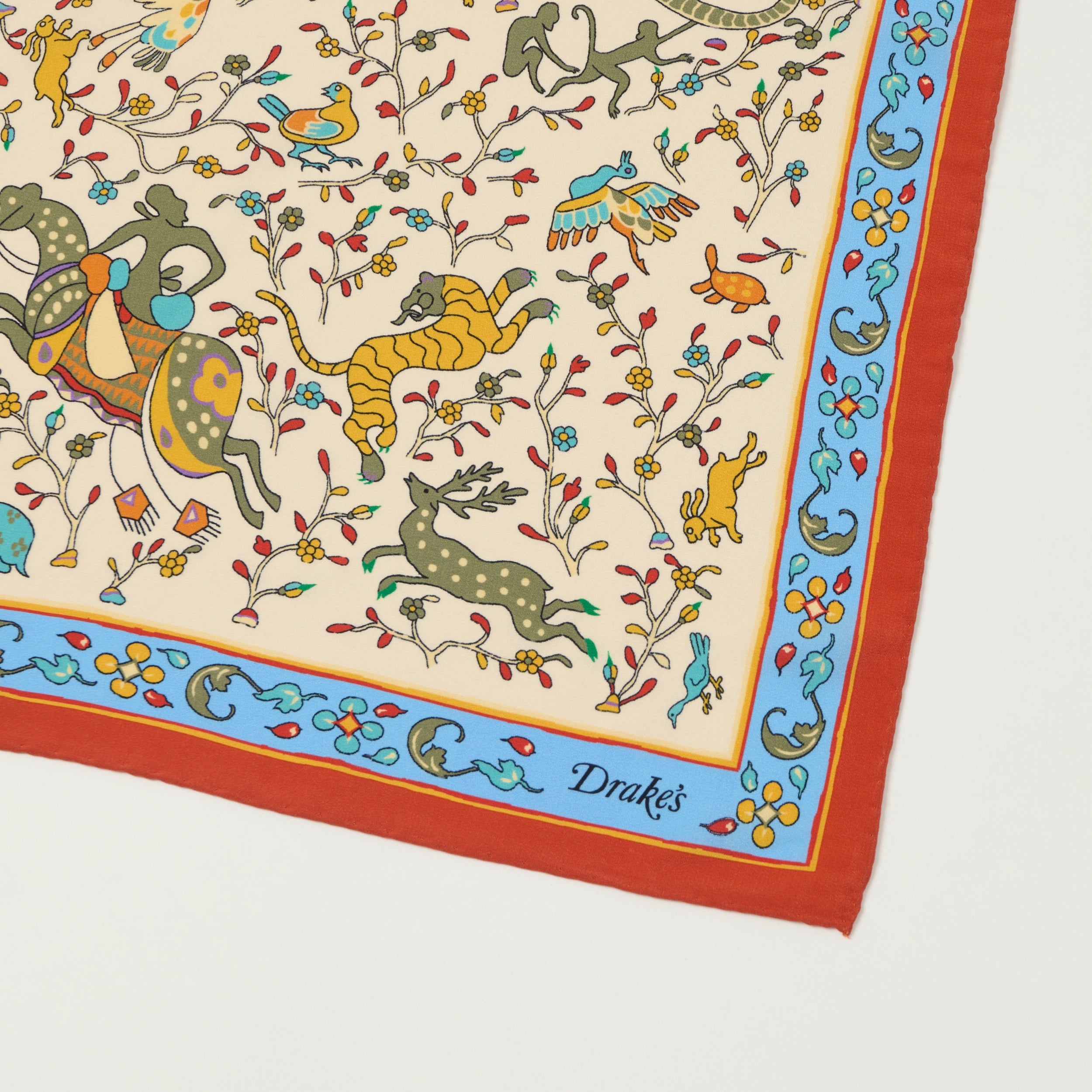 Drake's Floral 'Animals and Flowers' Silk Bandnana - Ecru