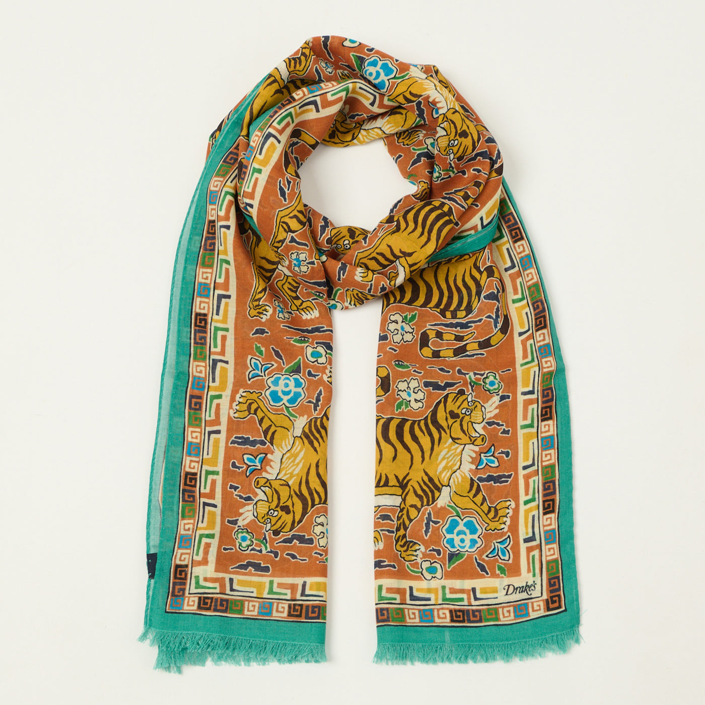 Drake's 'Jumbo Tiger' Printed Wool/Silk Scarf - Orange