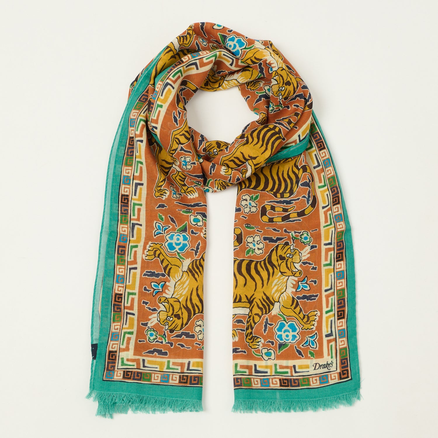 Drake's 'Jumbo Tiger' Printed Wool/Silk Scarf - Orange