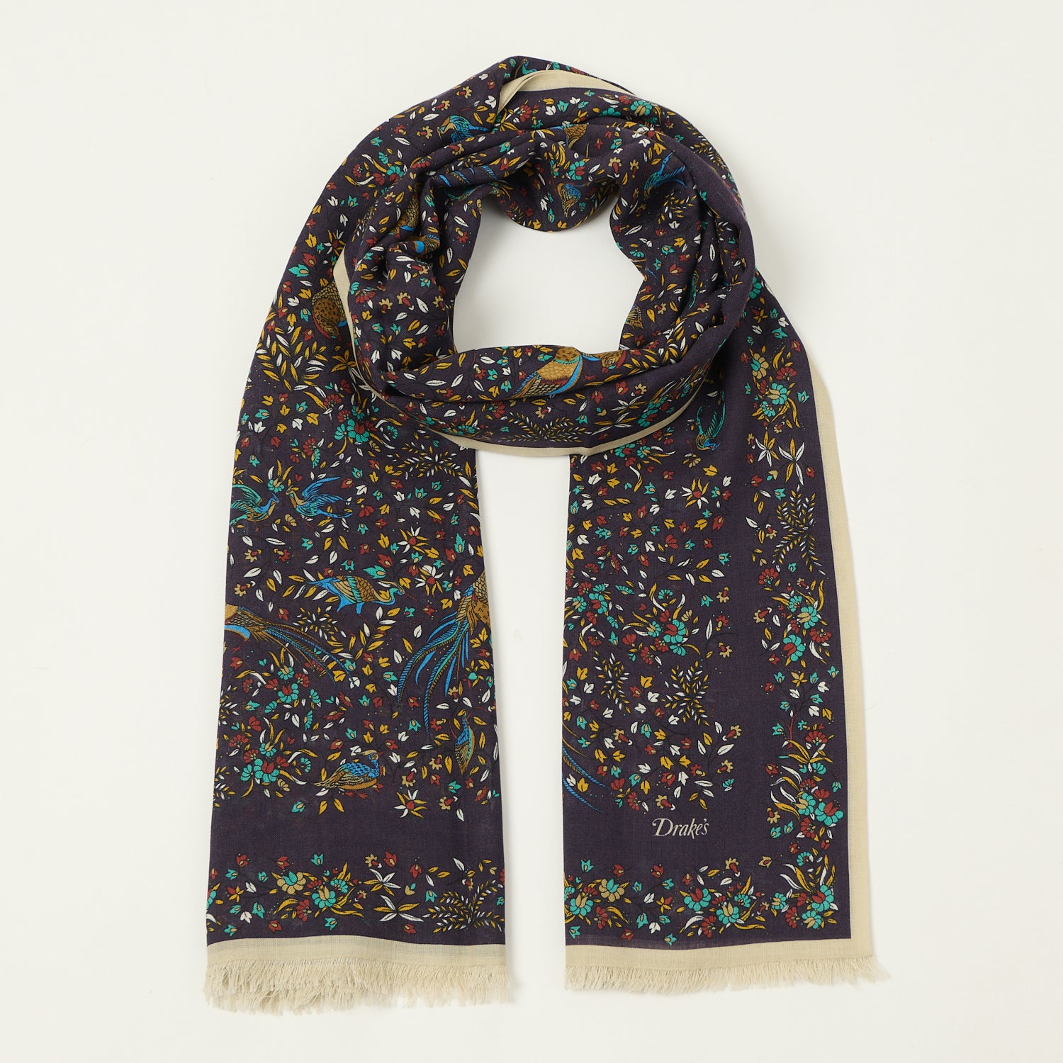 Drake's 'Bird of Paradise' Wool/Silk Tubular Scarf - Navy