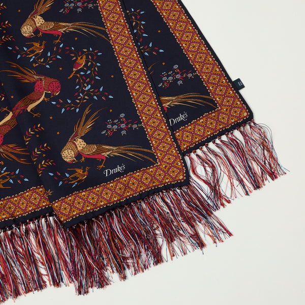 Drake's Birds of Paradise Tubular Silk Tasselled Scarf - Navy