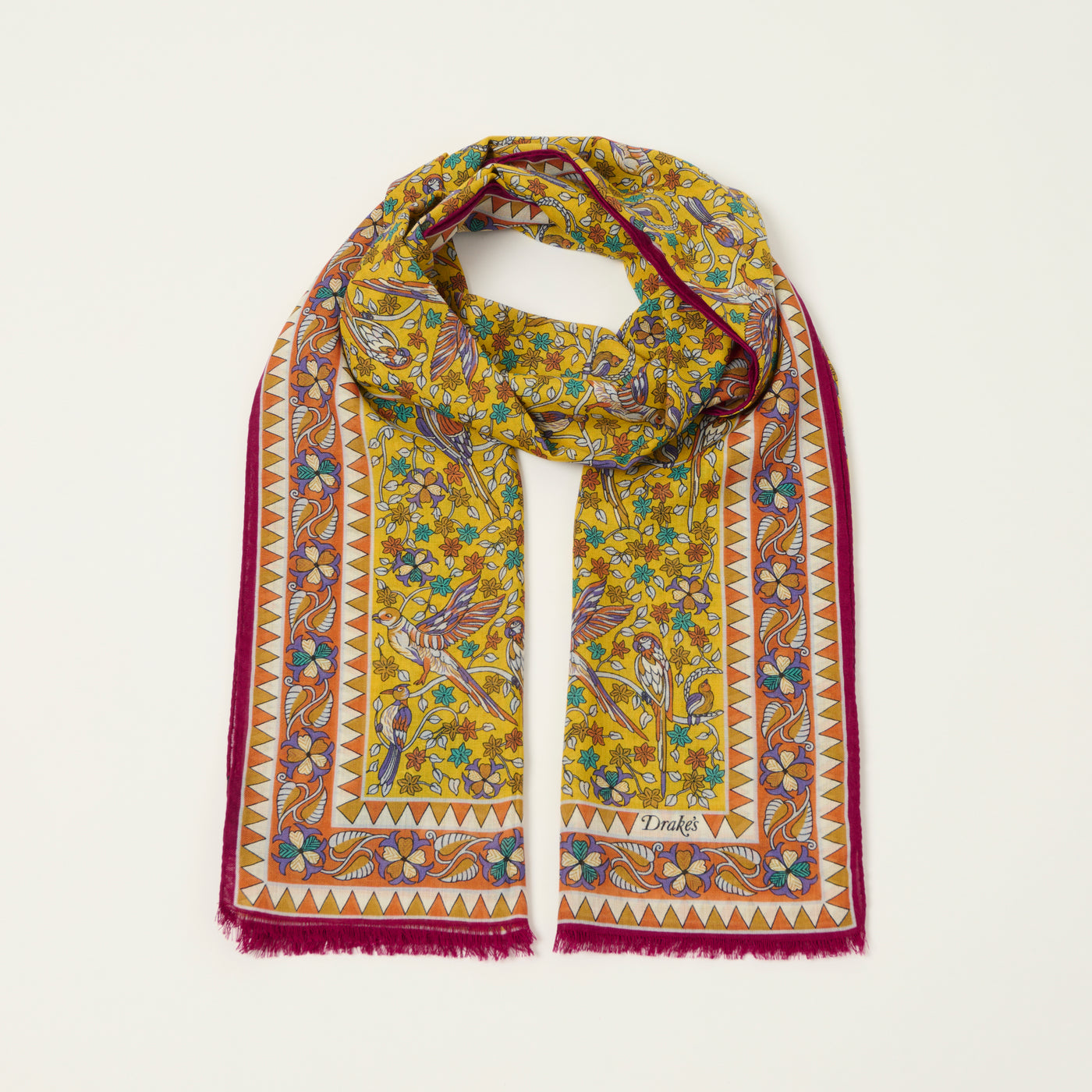 Drake's 'Birds and Flowers' Wool/Silk Scarf - Yellow