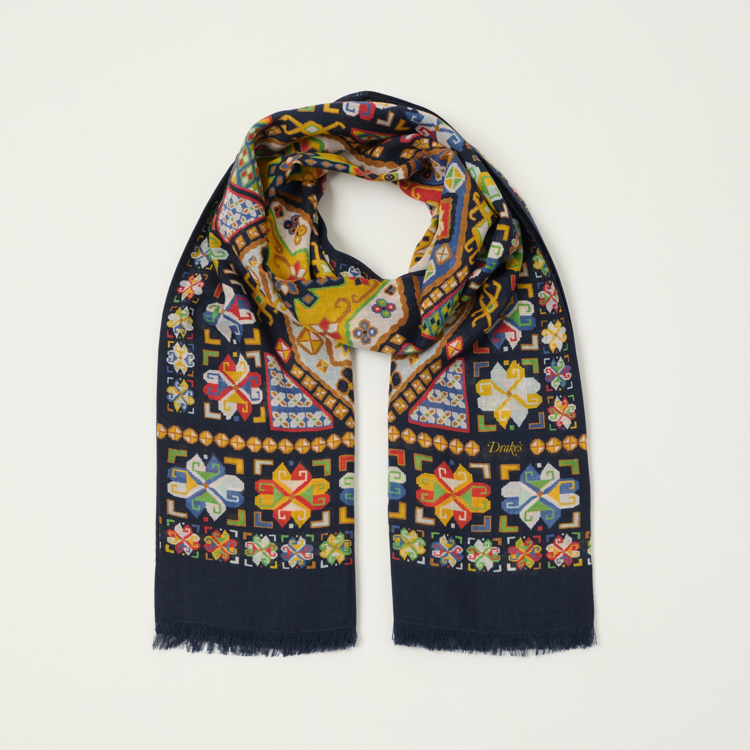 Drake's 'Carpet' Wool/Silk Printed Tubular Scarf - Navy