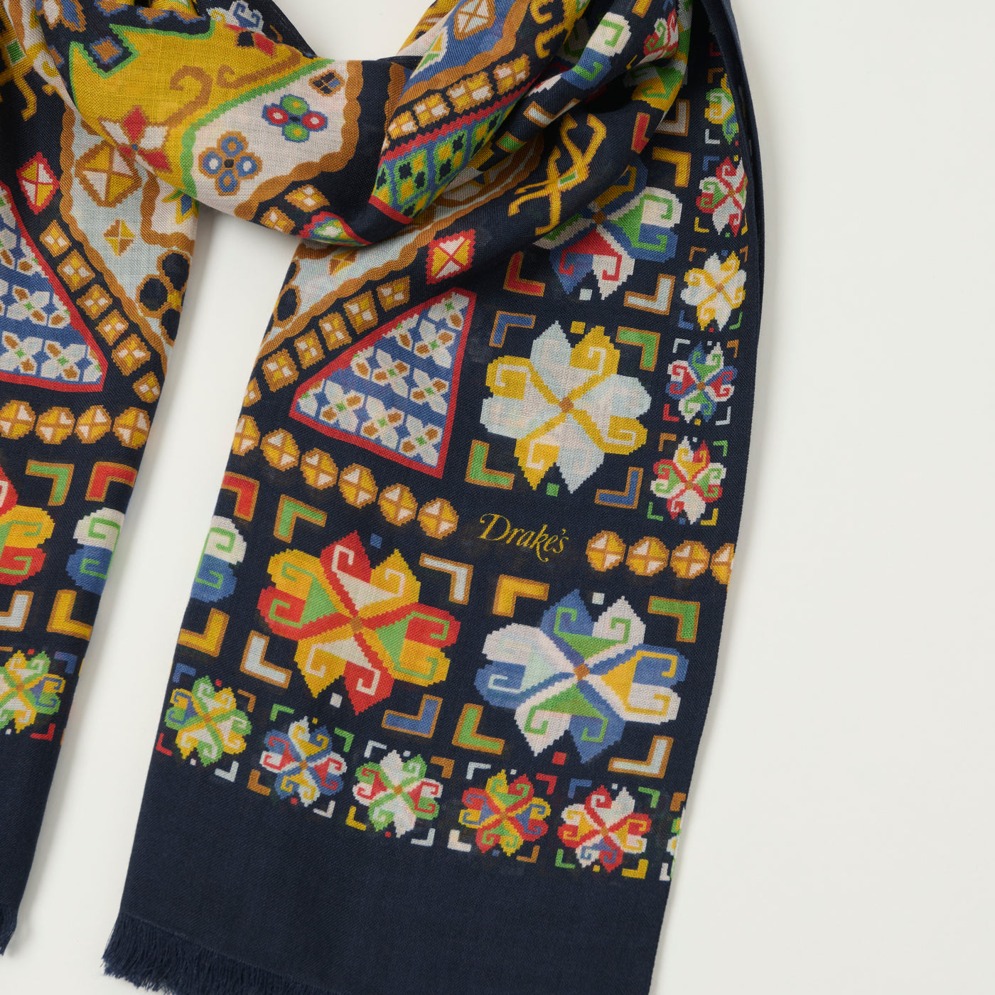 Drake's 'Carpet' Wool/Silk Printed Tubular Scarf - Navy