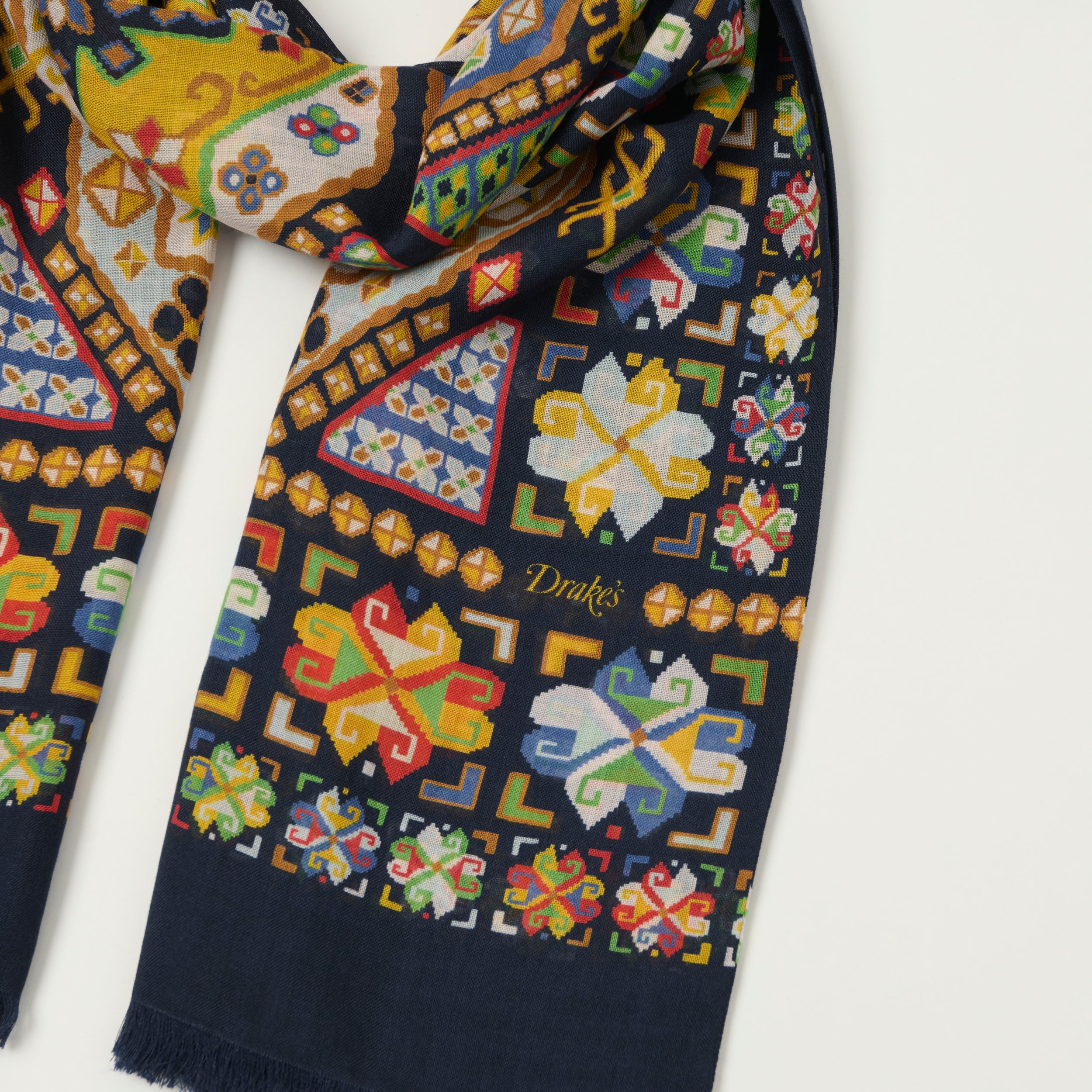 Drake's 'Carpet' Wool/Silk Printed Tubular Scarf - Navy