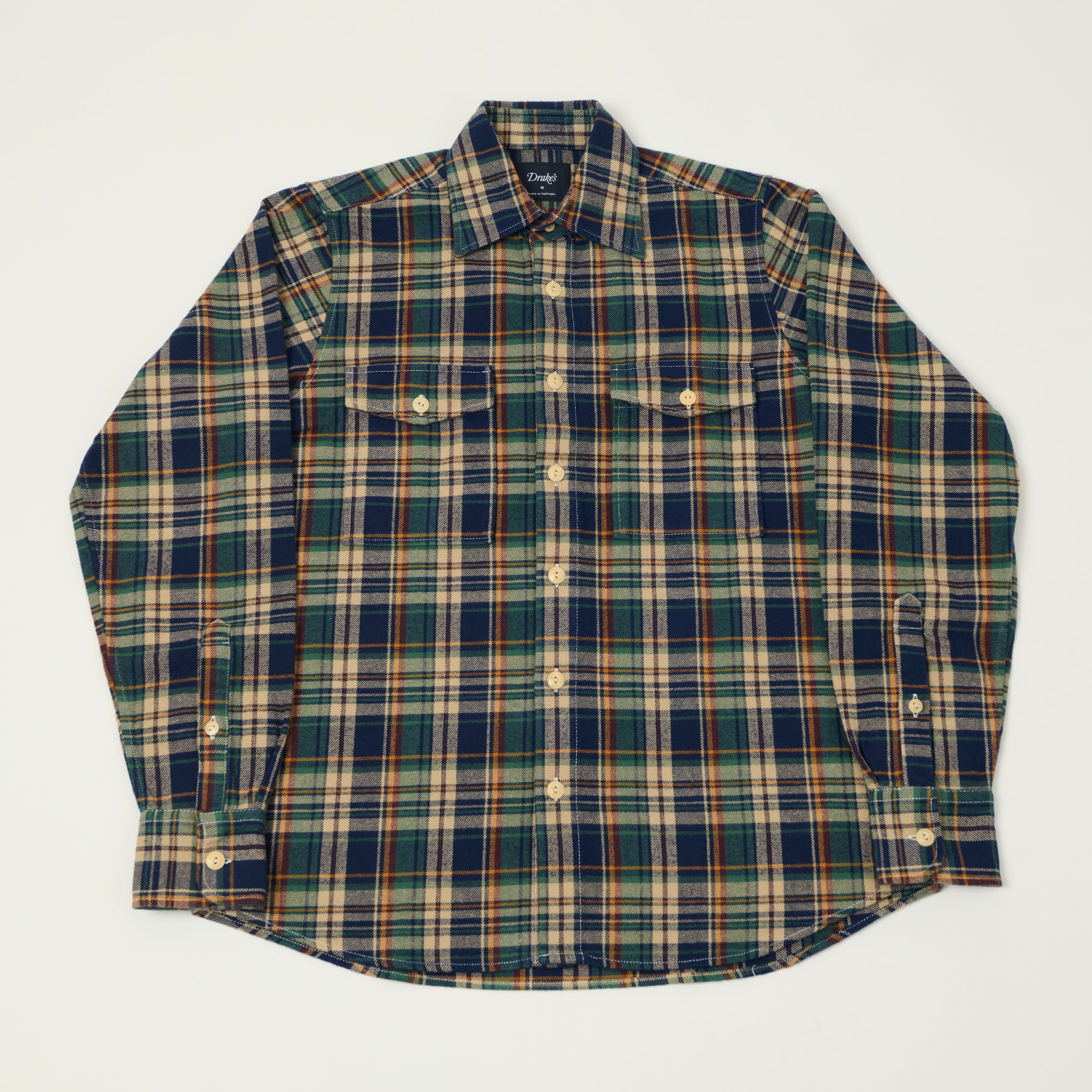 Drake's Brushed Flannel Plaid Work Shirt - Indigo