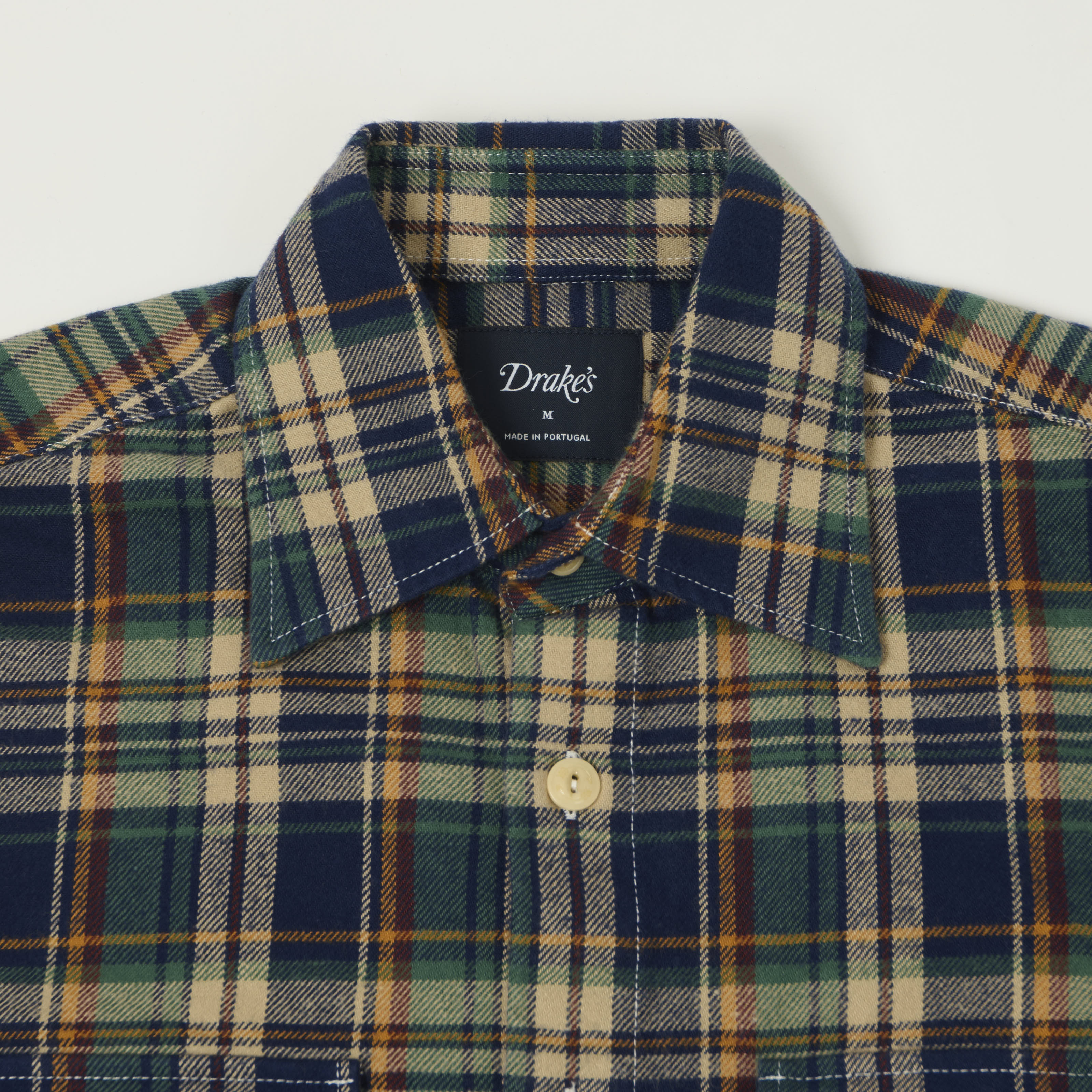 Drake's Brushed Flannel Plaid Work Shirt - Indigo