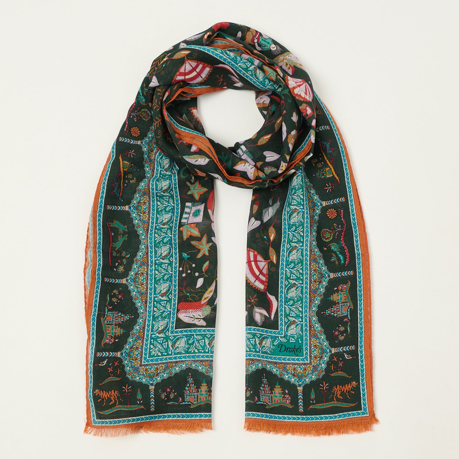 Drake's 'Classic Mogul' Printed Wool/Silk Scarf - Green/Blue
