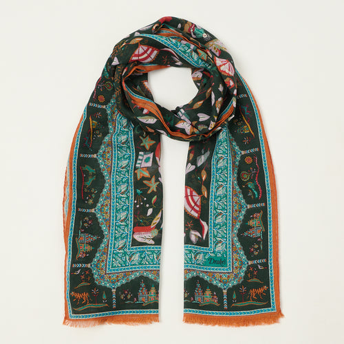 Drake's 'Classic Mogul' Printed Wool/Silk Scarf - Green/Blue