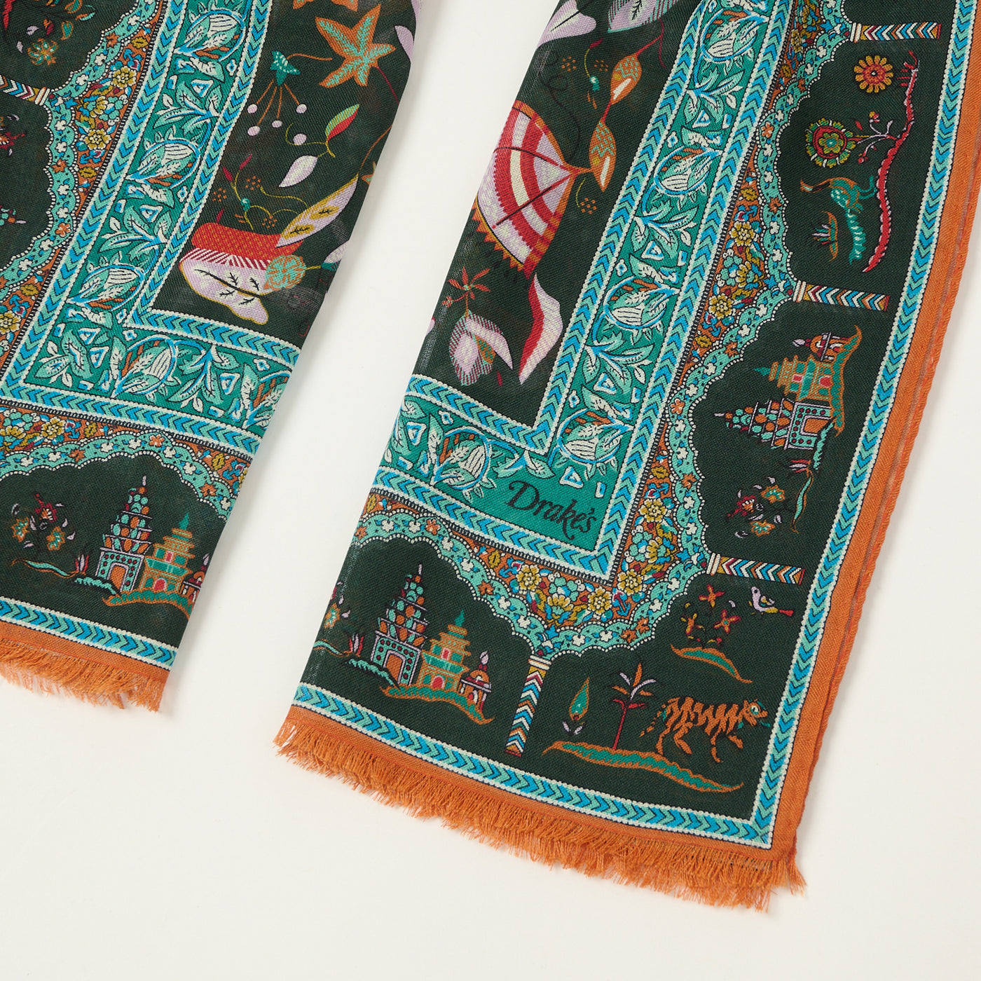 Drake's 'Classic Mogul' Printed Wool/Silk Scarf - Green/Blue