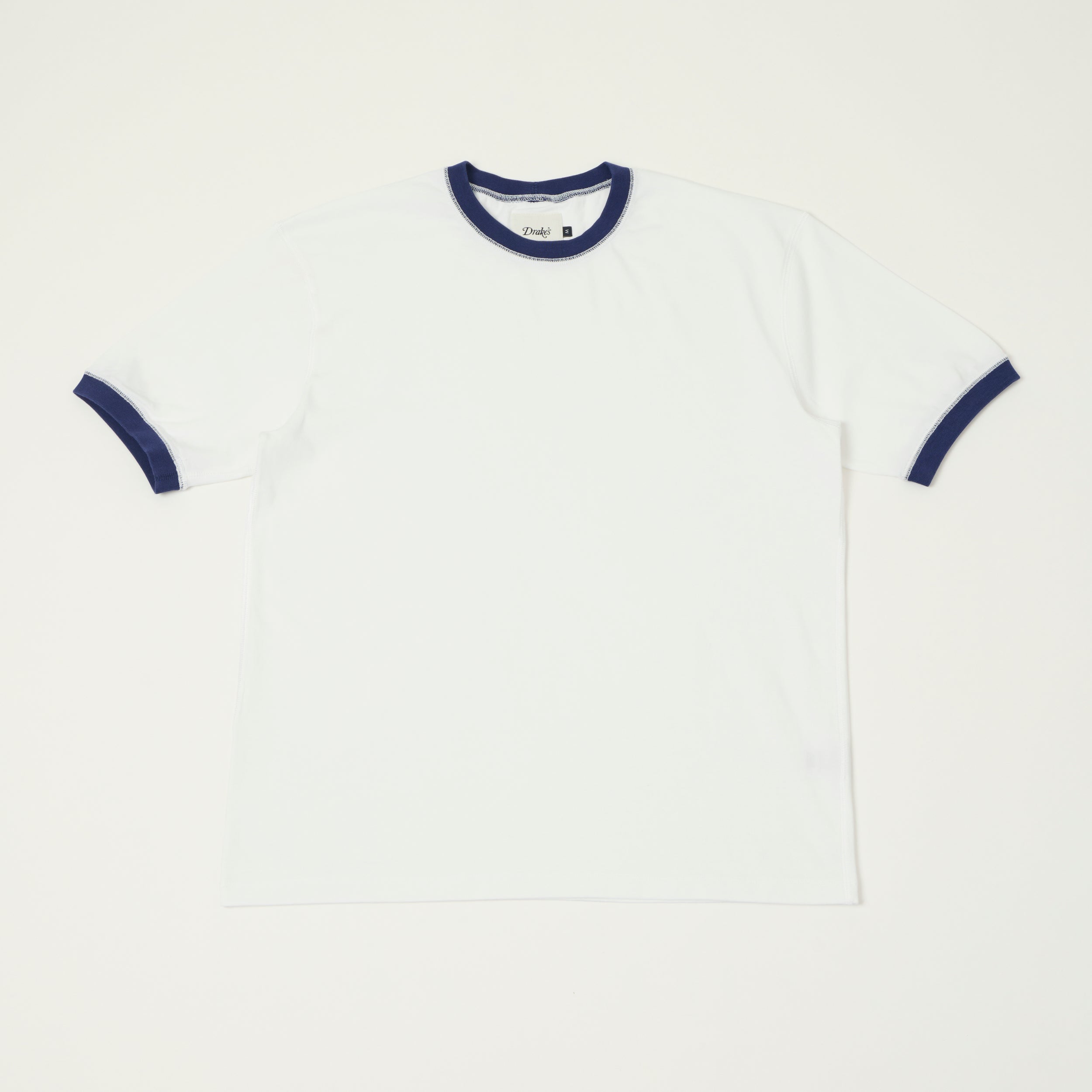 Drake's Cotton Crew Neck Ringer T-Shirt - White/Blue
