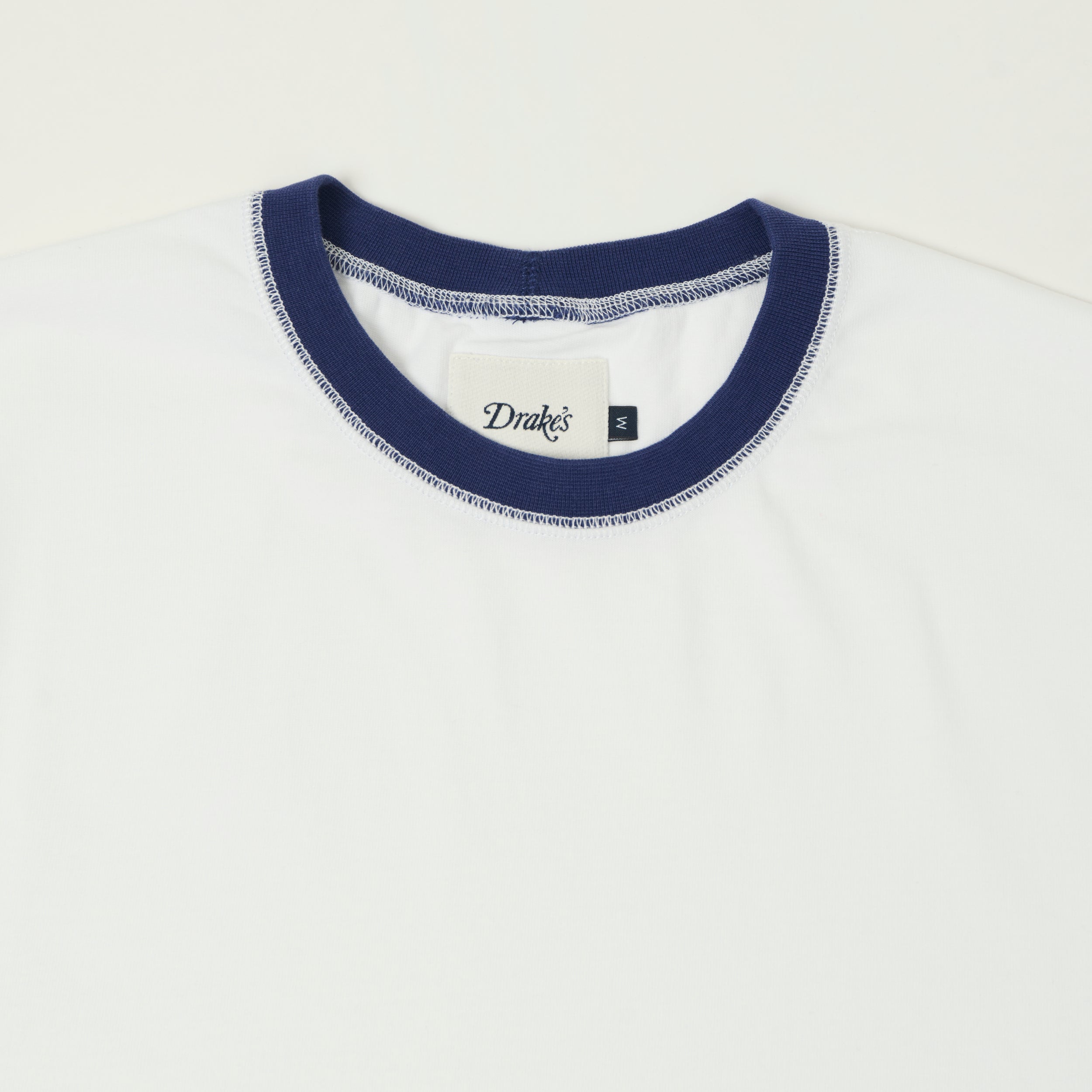 Drake's Cotton Crew Neck Ringer T-Shirt - White/Blue
