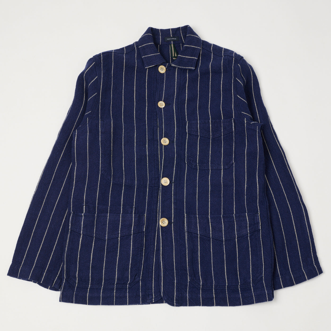 Drake's Heavy Linen Pinstripe Chore Jacket - Navy/White
