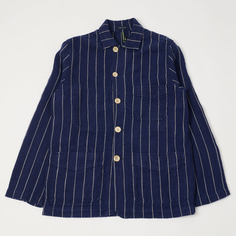 Drake's Pinstripe Heavy Linen Chore Jacket - Navy/White