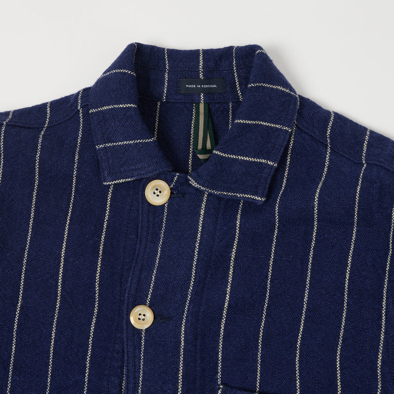 Drake's Pinstripe Heavy Linen Chore Jacket - Navy/White