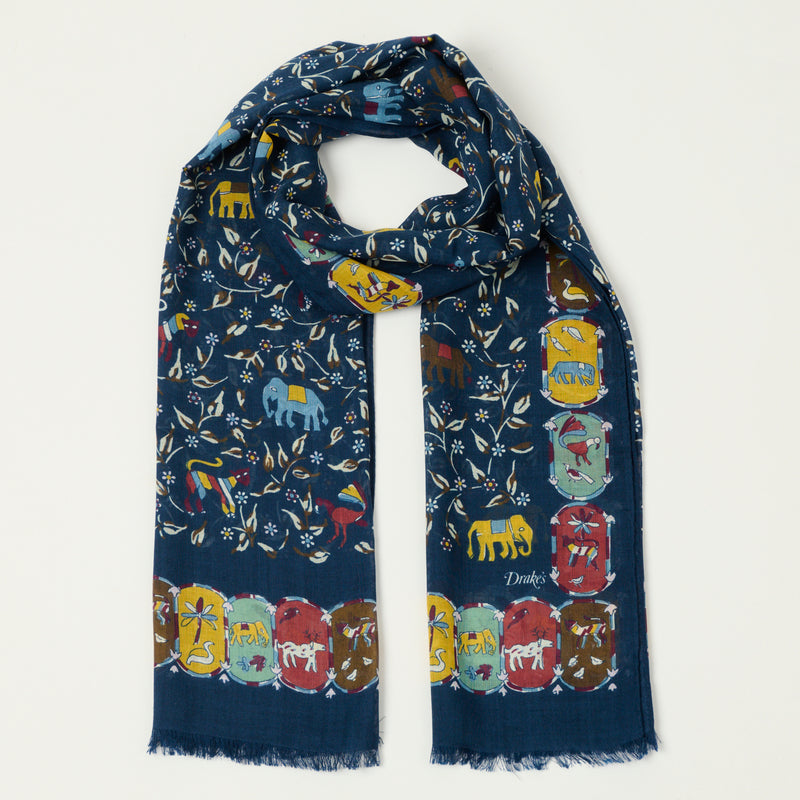 Drake's Elephants & Flowers Wool/Silk Scarf - Navy