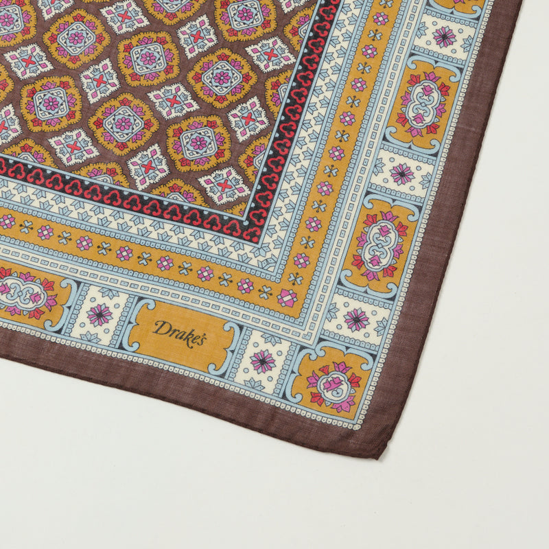 Drake's Floral Medallion Silk Bandana - Brown/Blue/Gold