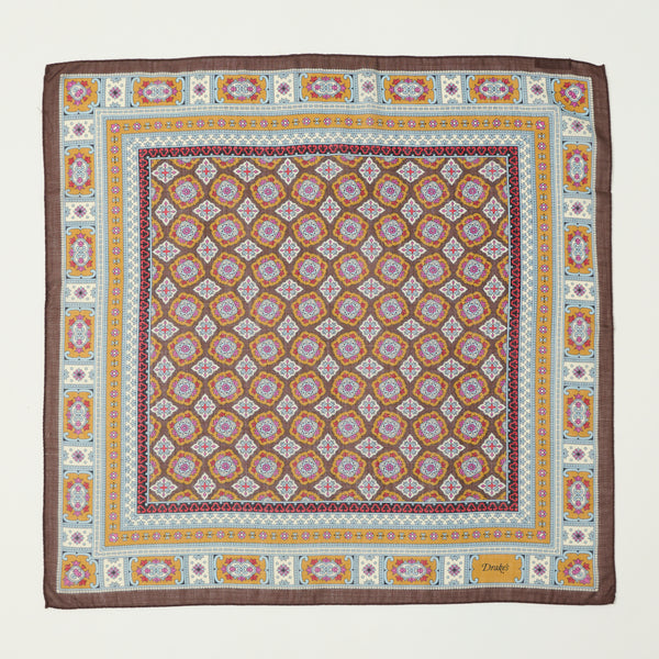 Drake's Floral Medallion Silk Bandana - Brown/Blue/Gold