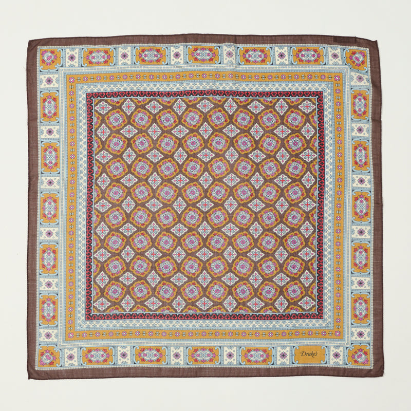 Drake's Floral Medallion Silk Bandana - Brown/Blue/Gold