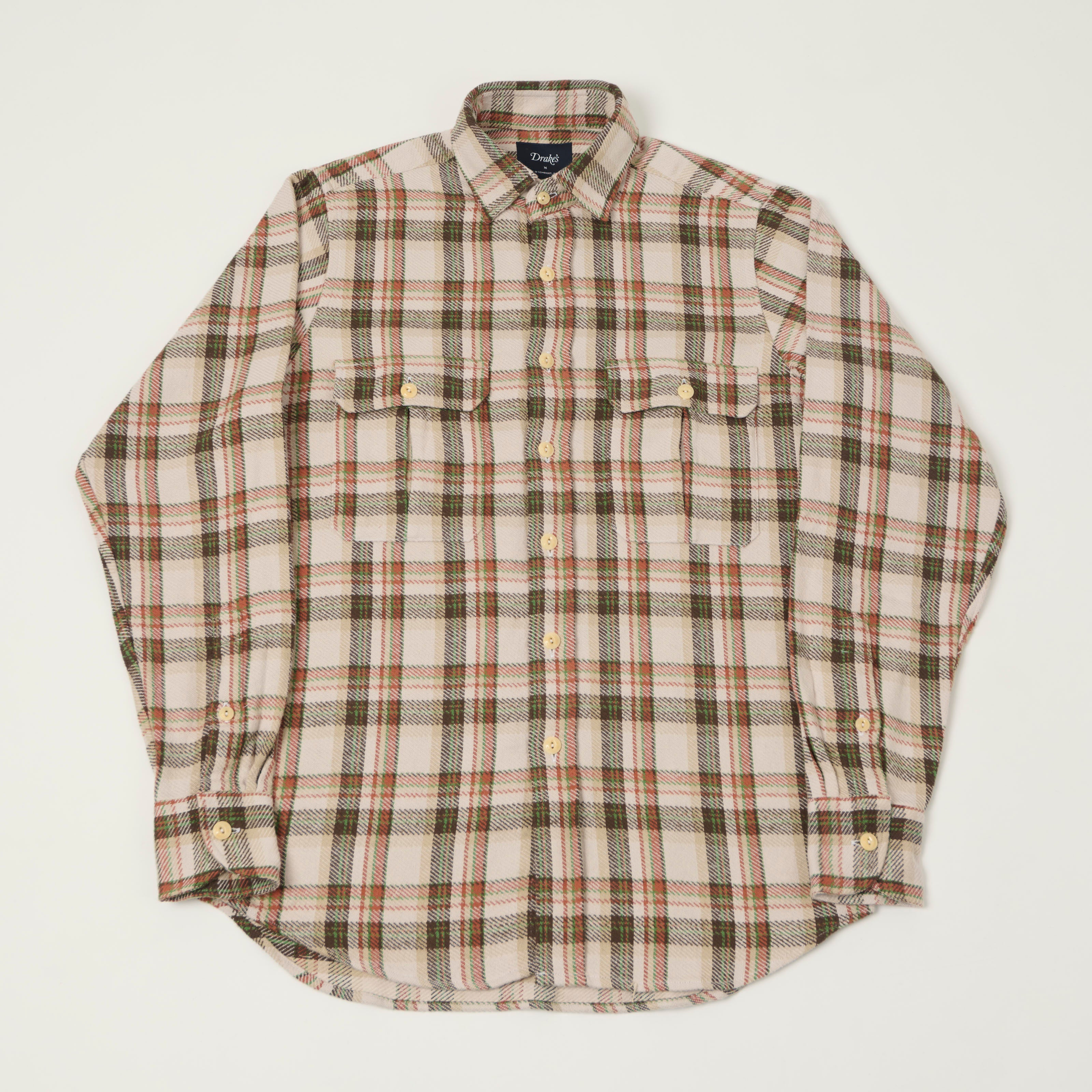 Drake's Heavy Japanese Flannel Work Shirt - Ecru/Multi