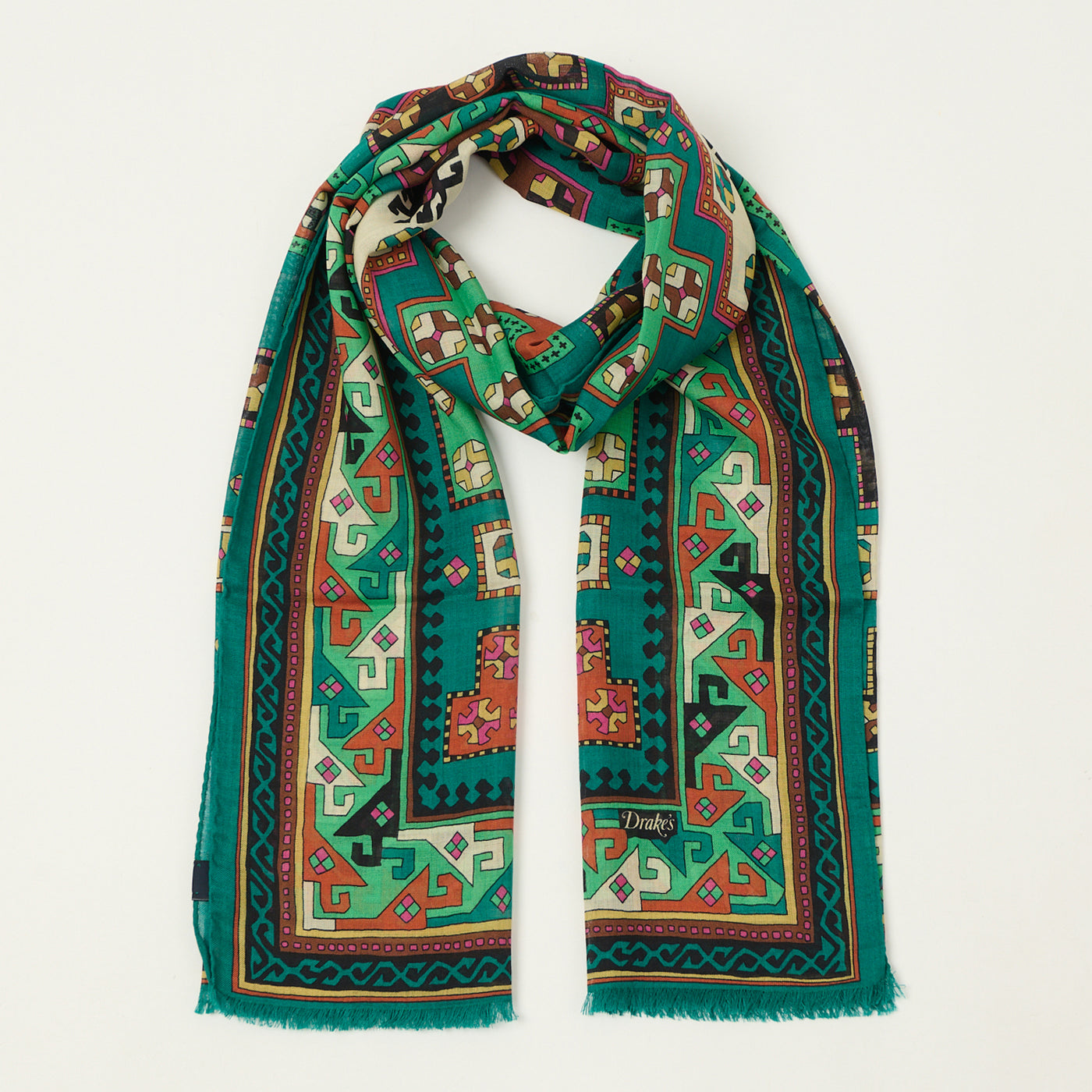 Drake's 'Kelim' Wool/Silk Printed Scarf - Teal
