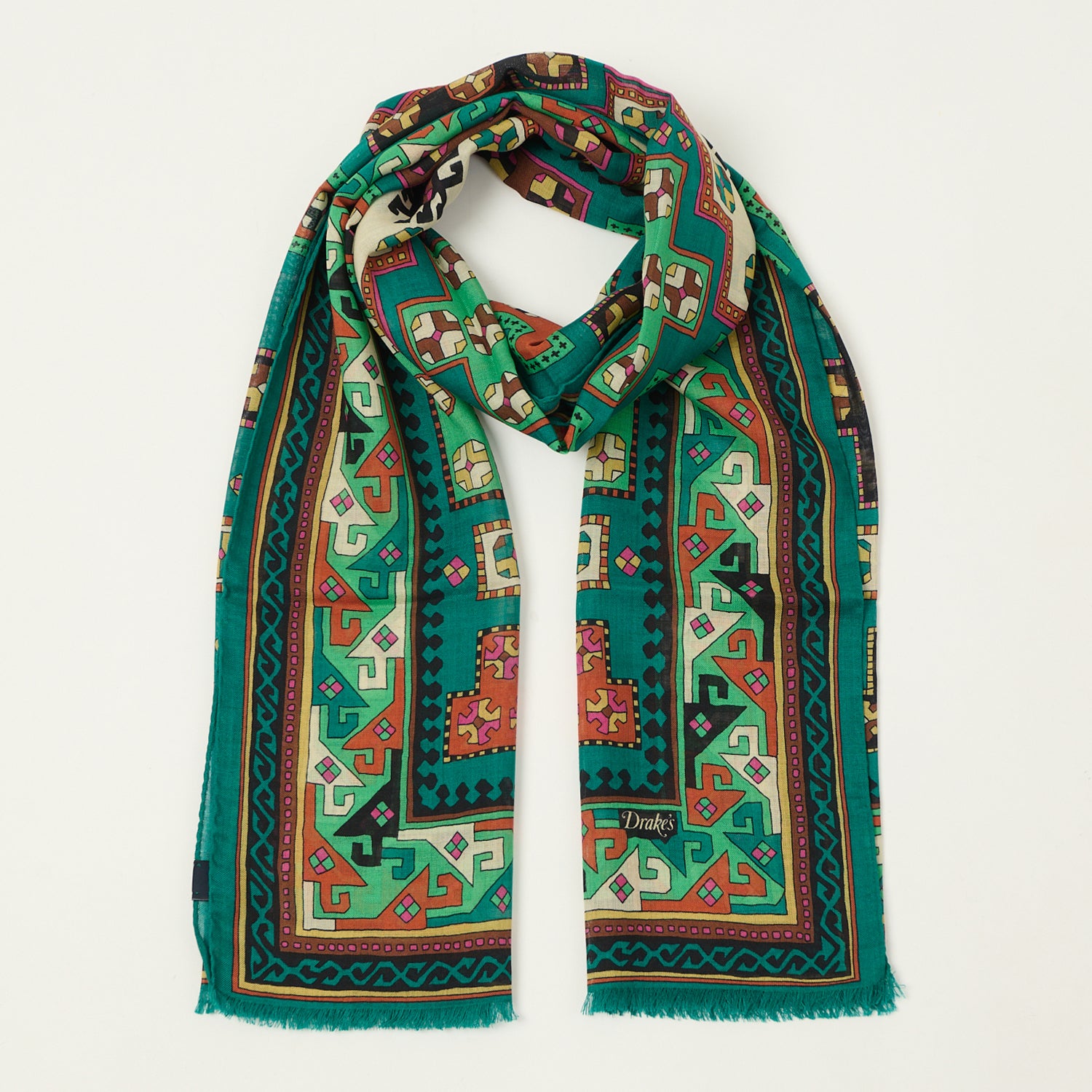 Drake's 'Kelim' Wool/Silk Printed Scarf - Teal