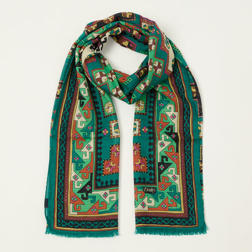 Drake's 'Kelim' Wool/Silk Printed Scarf - Teal