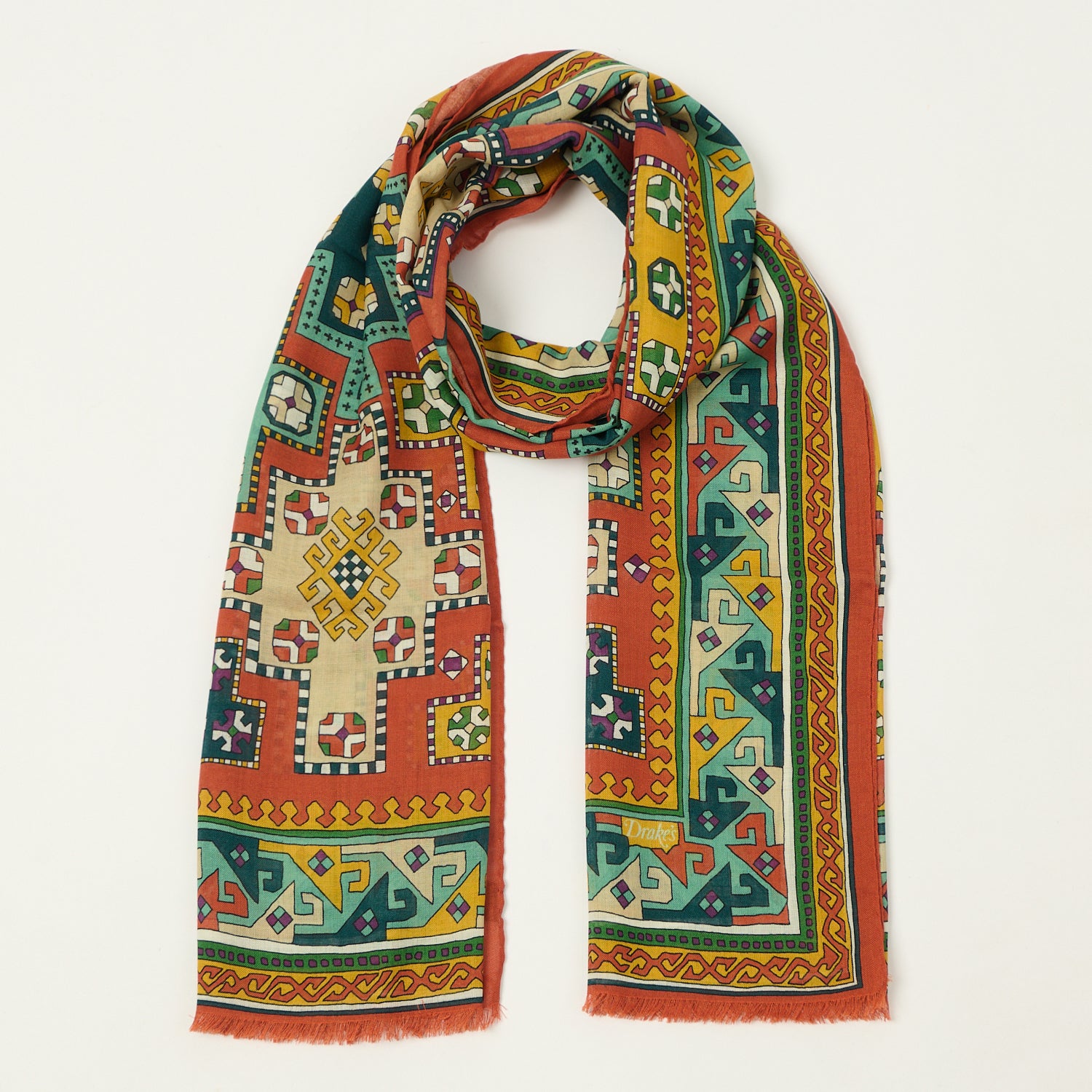 Drake's 'Kelim' Wool/Silk Printed Scarf - Red