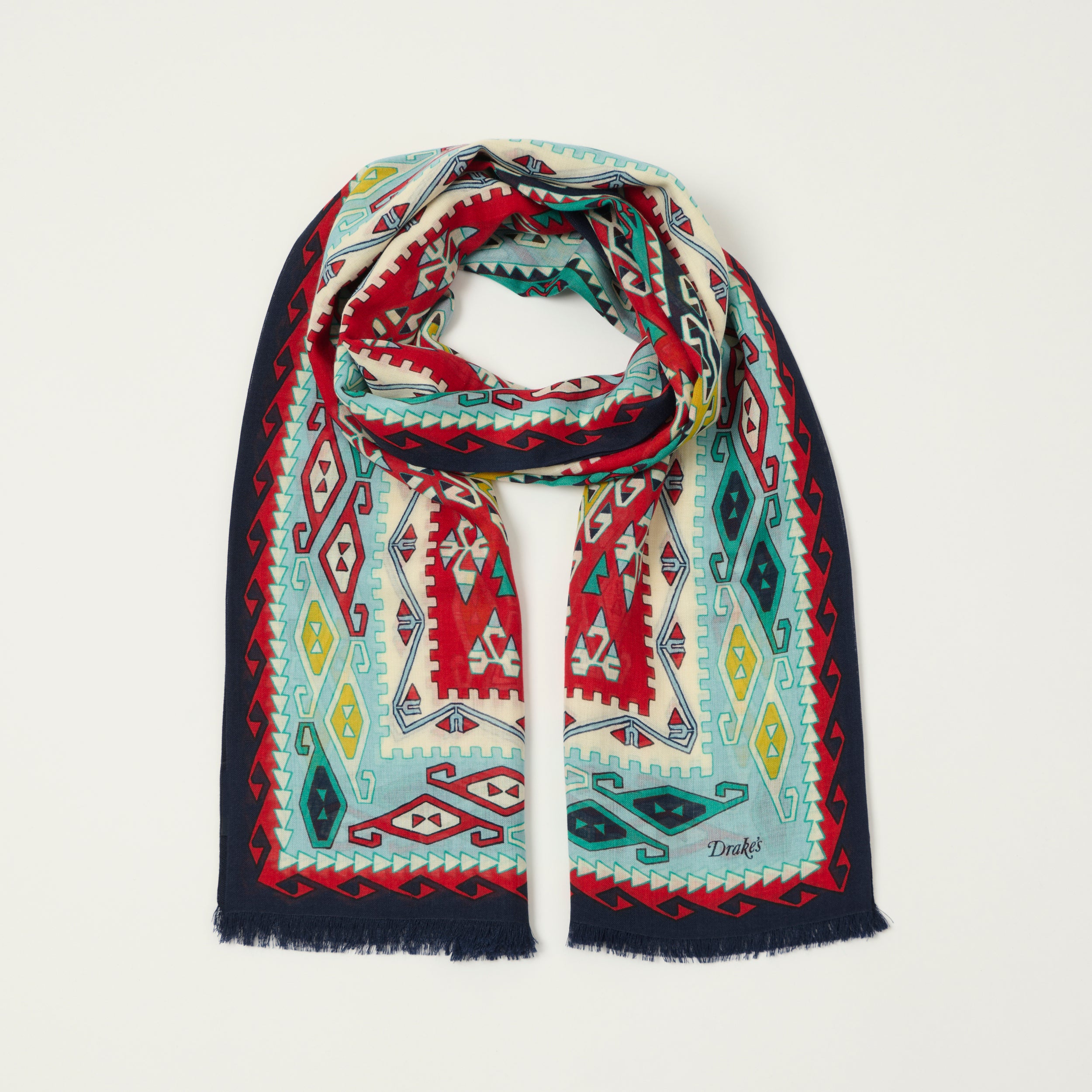 Drake's 'Kilim' Wool/Silk Printed Tubular Scarf - Navy – SON OF A STAG
