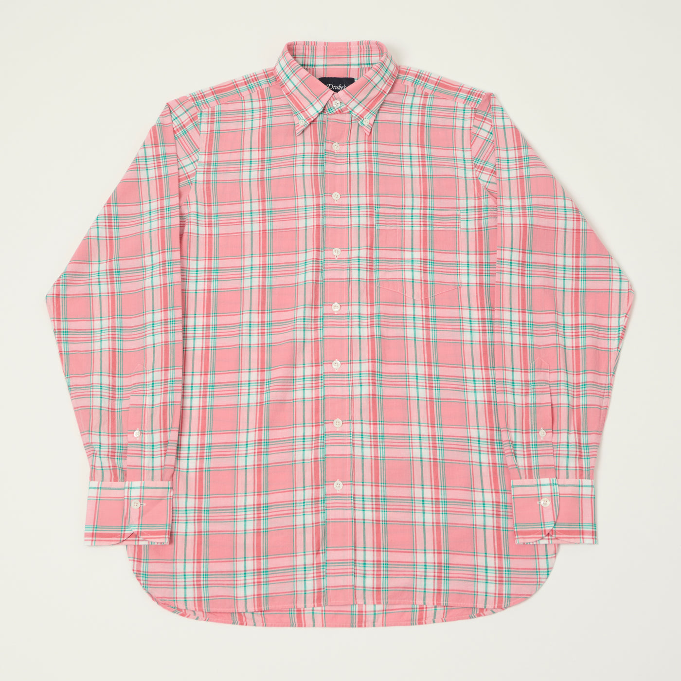 Drake's Button Madras Down Shirt - Pink/Green