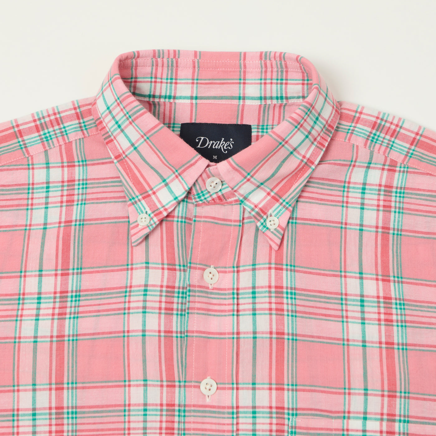 Drake's Button Madras Down Shirt - Pink/Green