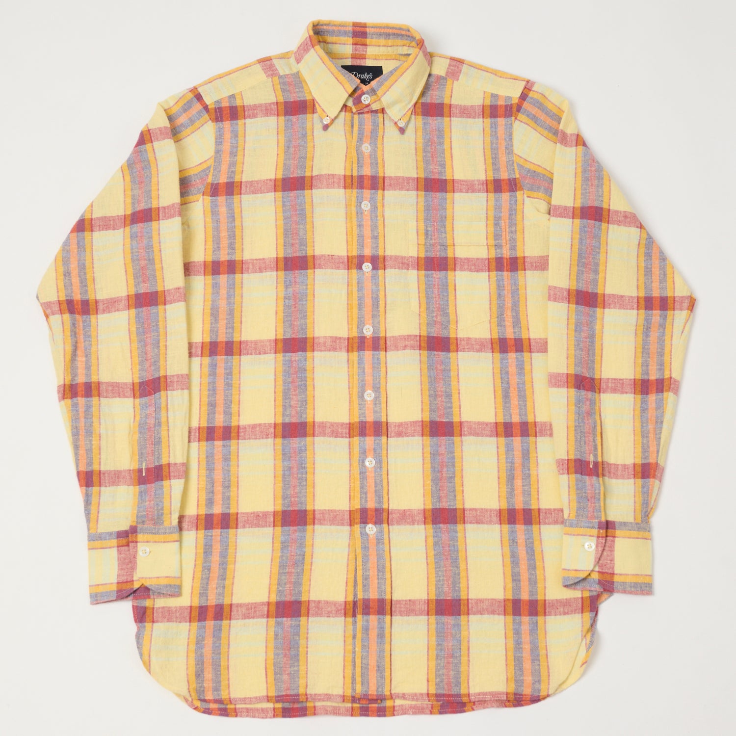 Drake's Button Down Cotton Linen Madras Shirt - Yellow/Red/Navy