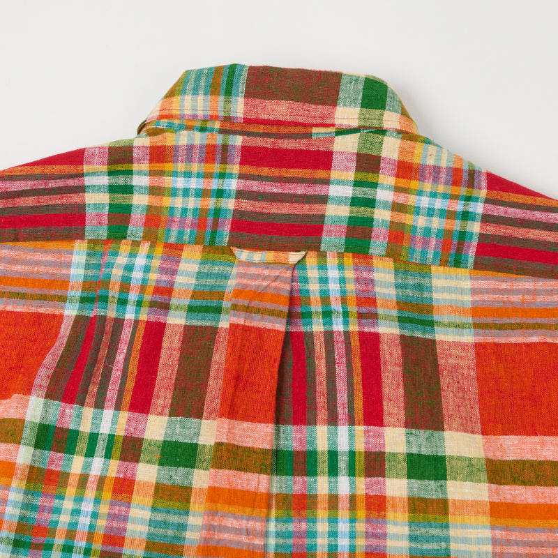 Drake's Madras Linen Cotton Work Shirt - Red/Orange/Green